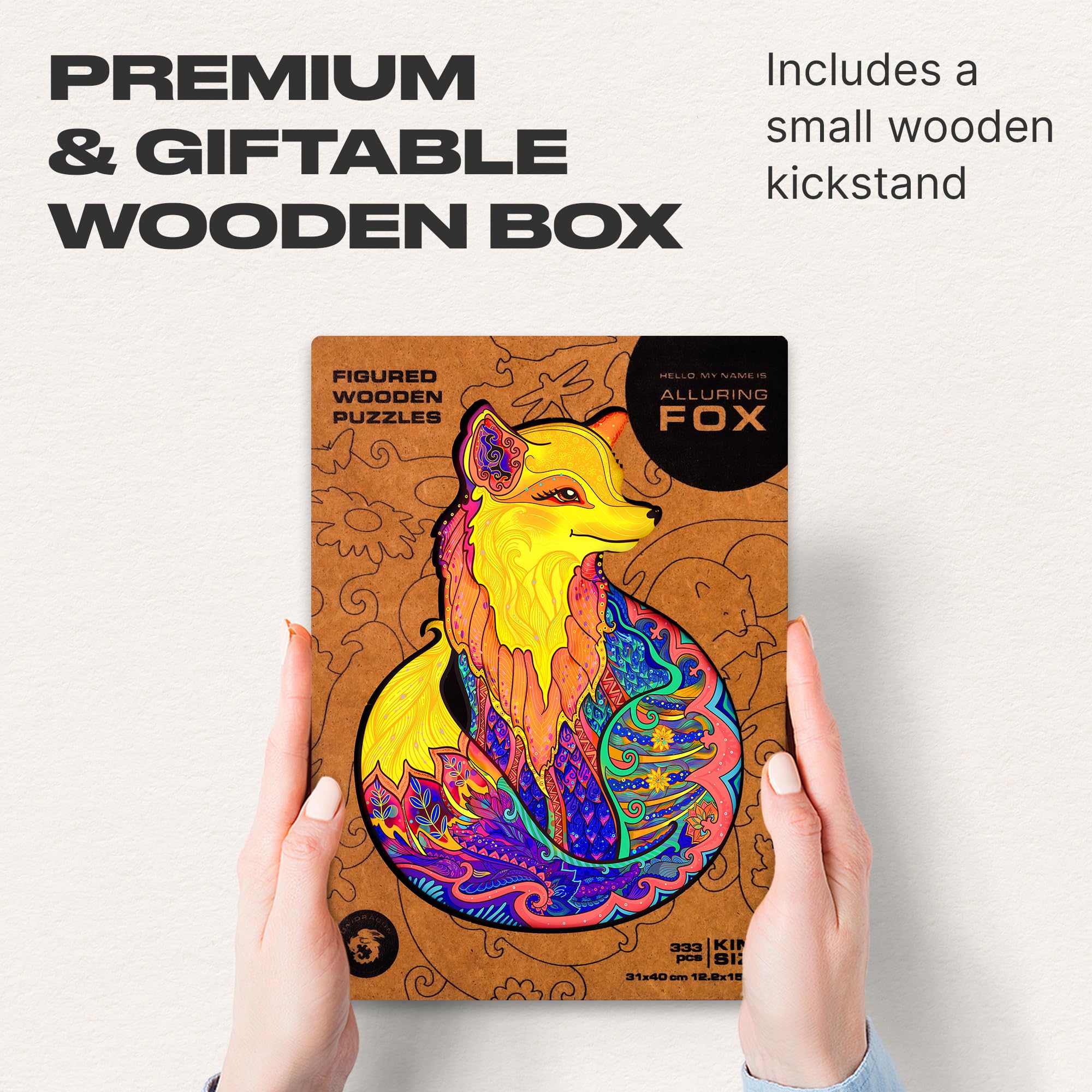 UNIDRAGON Original Wooden Puzzle – Alluring Fox, 332 Pieces, Large 31 x 40 cm, Beautiful Gift Packaging, Unique Shape Best Gift for Adults