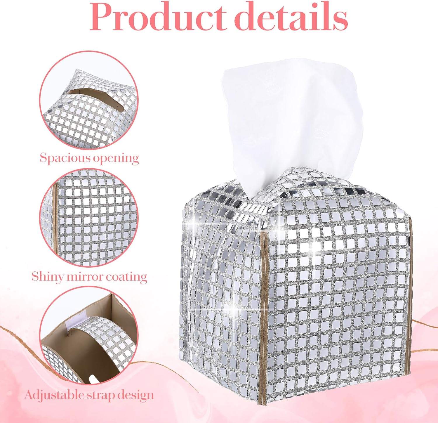 Disco Ball Tissue Box, Glitter Silver Tissue Box Cute Square Disco Ball Style TissueBox for Bedroom Vanity Desk Bathroom Office (5.28in) image 3