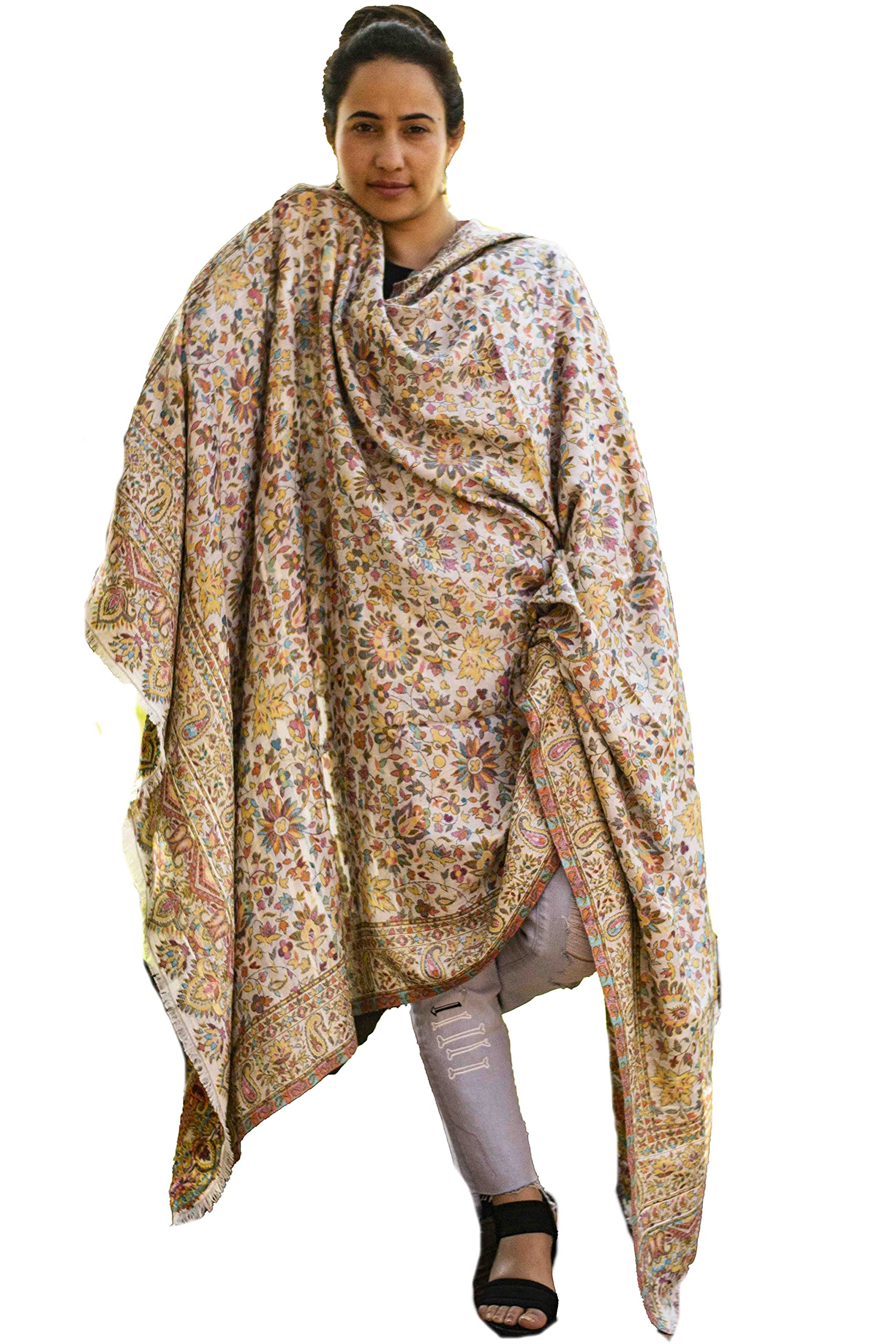 Kashmirvilla Creamy White Colour This Dense Kani Sunflower Jaal Adds Grace To The Personality Of The Wearer.