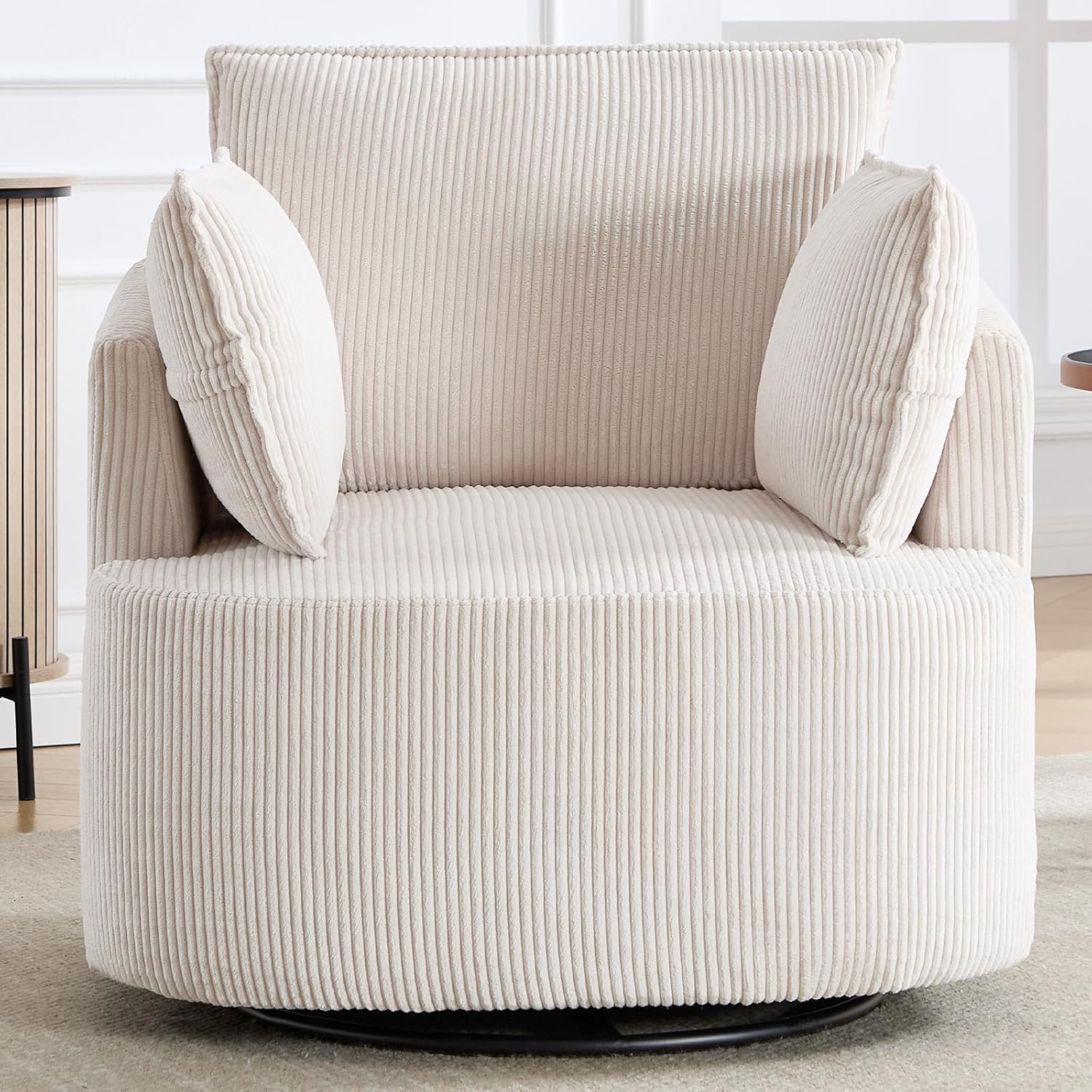 CANMOV Swivel Accent Chair, 360°Swivel Barrel Chair with 3 Pillows, Comfy Corduroy Round Armchair Single Sofa Chair for Living Room Bedroom Reading Room, Beige