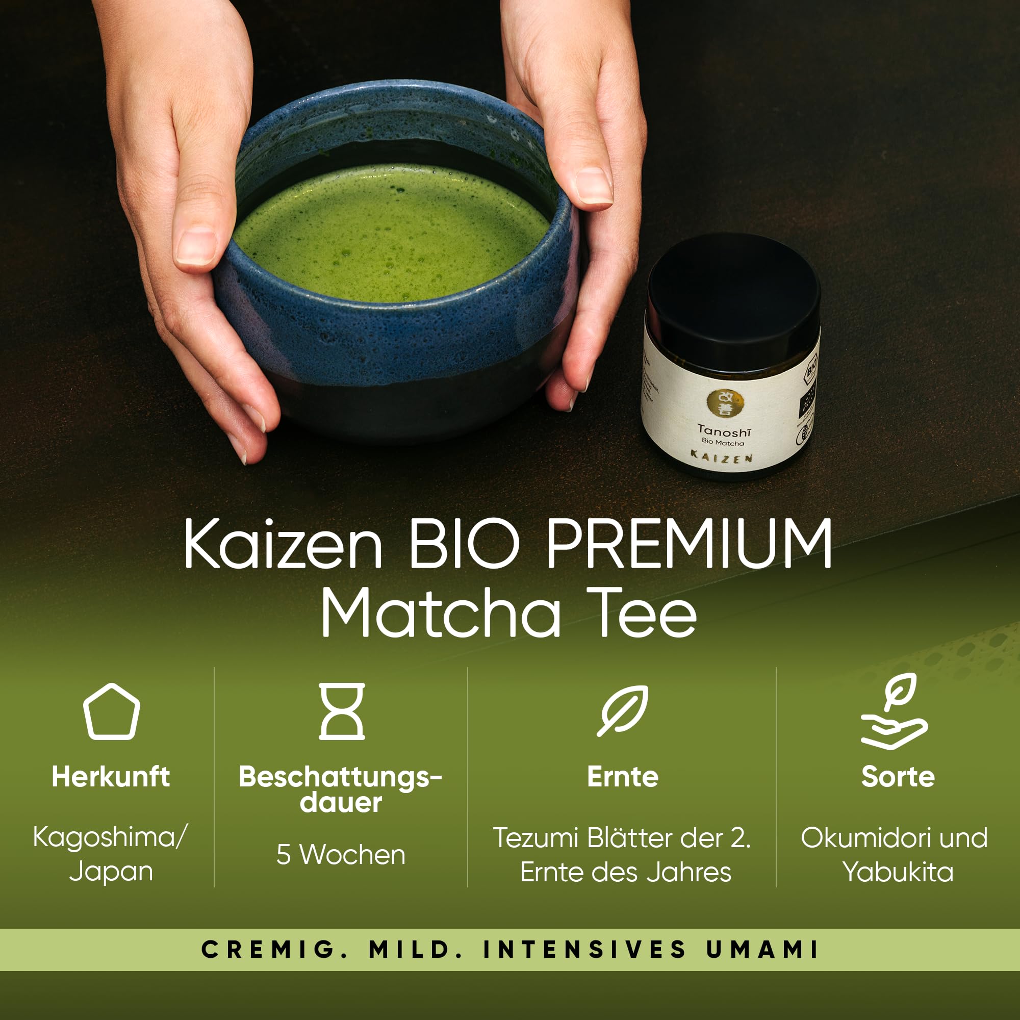 Kaizen - Bio Matcha-Tee "Tanoshī" - Tezumi Contest Grade - 35 Tage Tana-Beschattung - Direktimport aus der Präfektur Kagoshima/Japan - 30g Dose mit UV & Sauerstoffschutz
