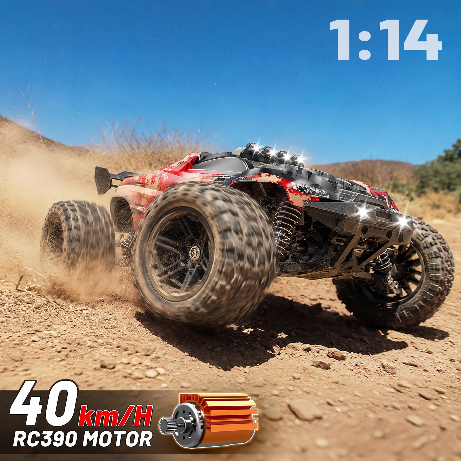 YESHIN Voitures RC 1:14 pour Adultes, Camion Monstre Électrique Tout-Terrain Max 40 km/h, Voiture RC Haute Vitesse Imperméable 4WD Télécommandée avec 2*Batterie, Rouge
