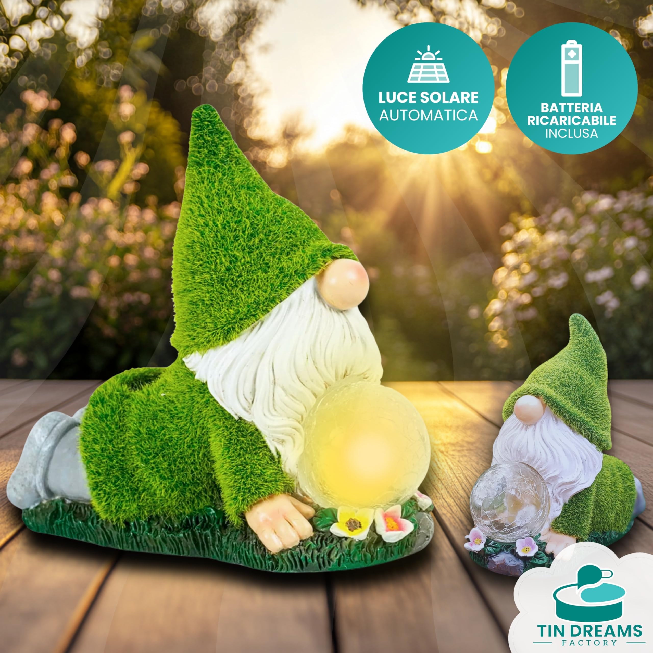 Gnomo Yoga Con Luce Solare - Decorazione Da Giardino In Resina Con Sfera Luminosa LED, Effetto Muschio - Foto 5