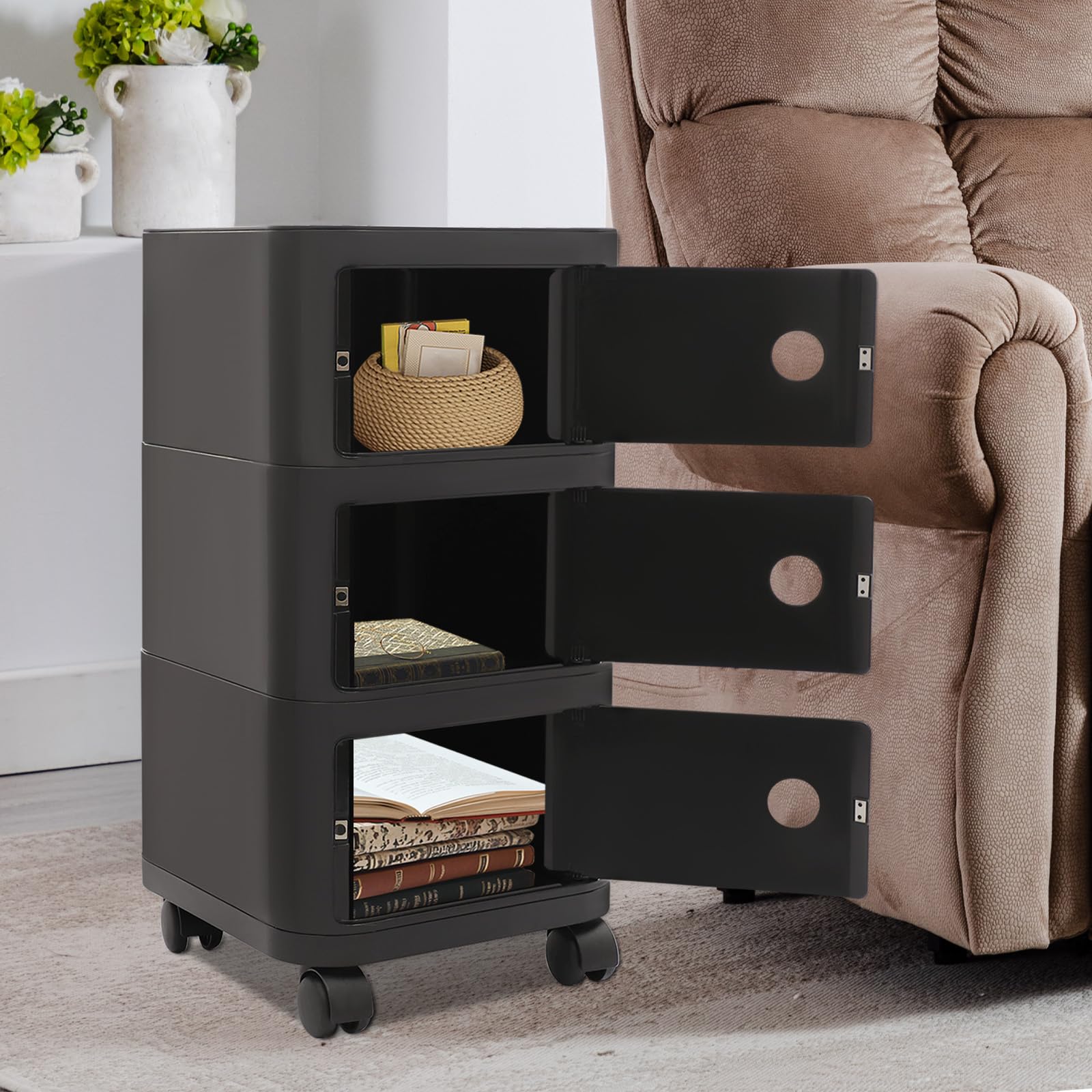 Mesita de noche con 3 cajones, mesita de noche con una plataforma superior y tres compartimentos, mesa auxiliar móvil con puertas, para dormitorio, sala de estar, estudio (negro)