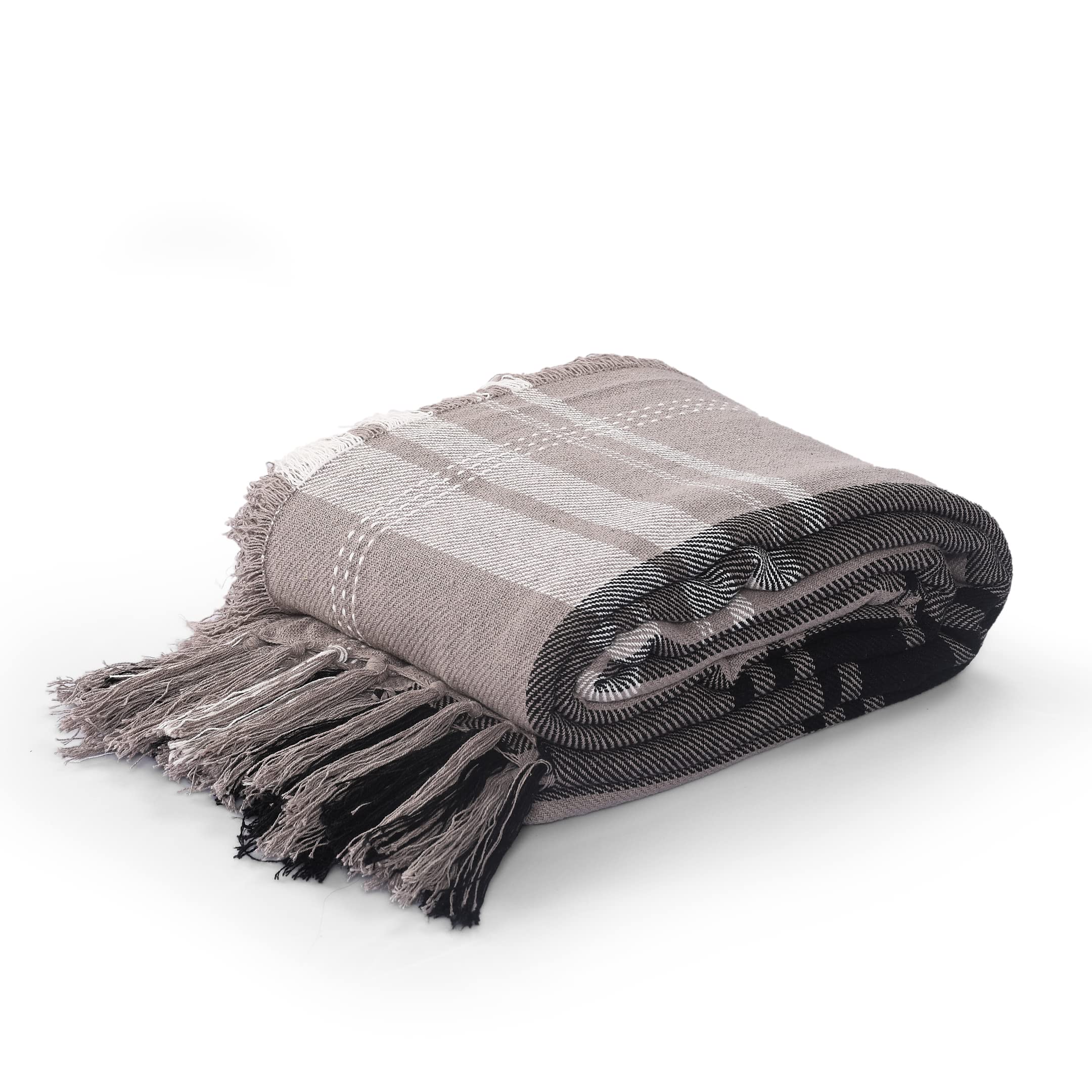 La Maison 100% Indian Cotton Check Pattern Large Batten Throwover Sofa Throw Multicoloured Bed Throw Woven Handloom Tassel Armchair Decorative Blanket (Grey/Black, 127cm x 152cm / 50" x 60")