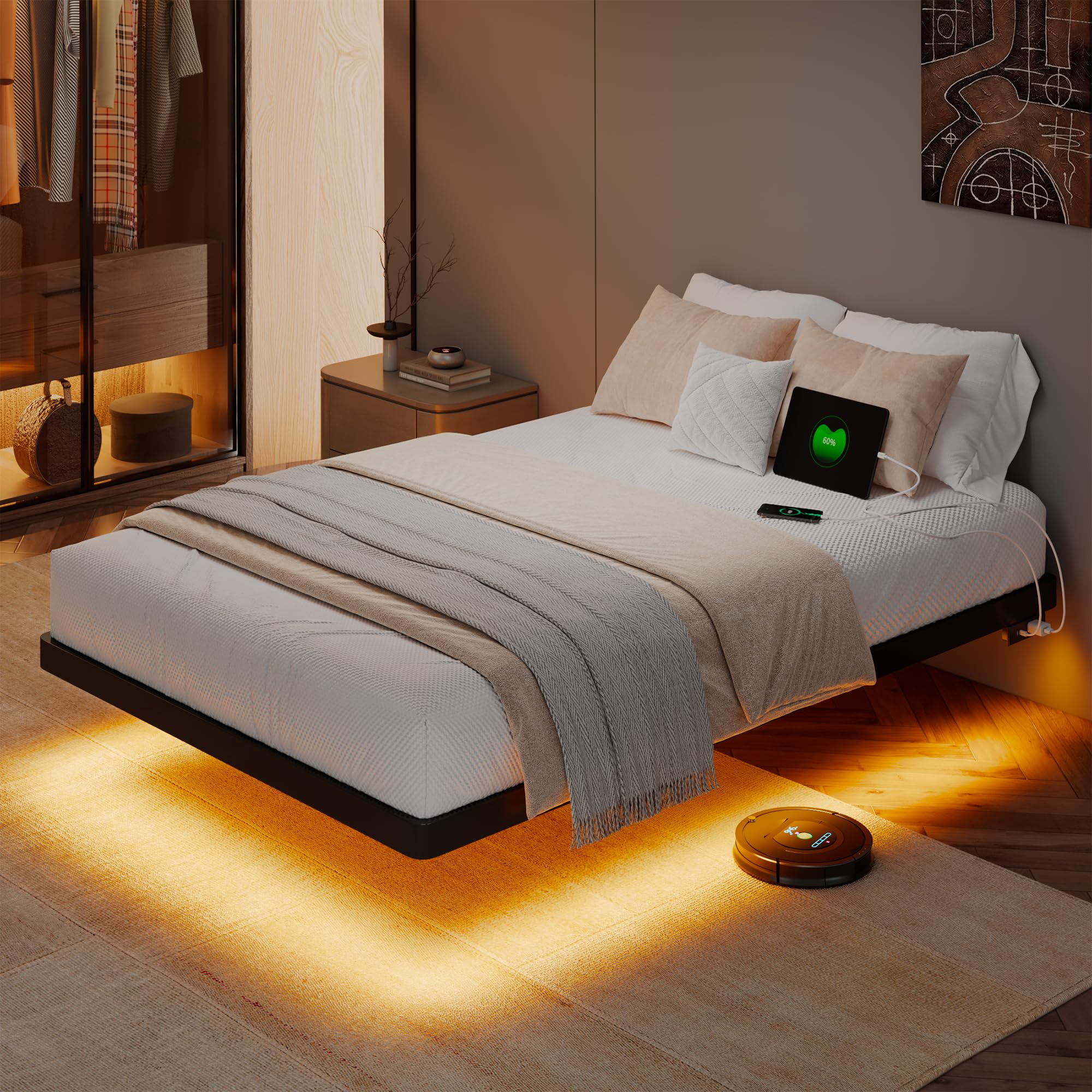 GalnFu Twin Size Floating Bed Frame with LED Lights and Charging Station, Metal Platform Bed with Power Outlet, Heavy Duty Steel Slats Support, Noise