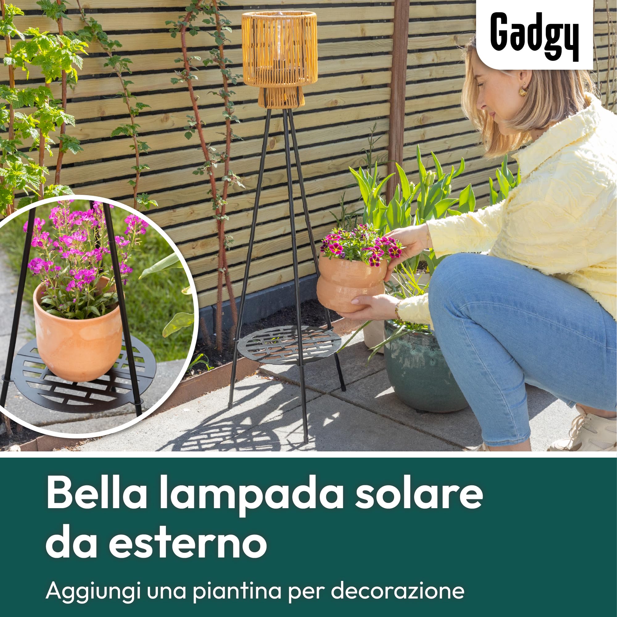 Gadgy Lampada da Terra Solare da Esterno con Portafiori | Lampada LED Impermeabile per Giardino, Balcone o Terrazza | Illuminazione Sostenibile con Treppiede Design