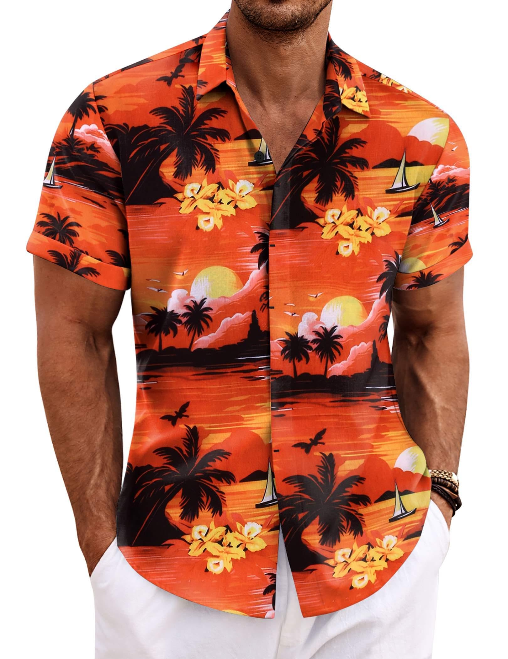 COOFANDY Men's Linen Shirts Short Sleeve Casual Shirts Button Down Shirt for Men Beach Summer Wedding Shirt Large Sunset-red