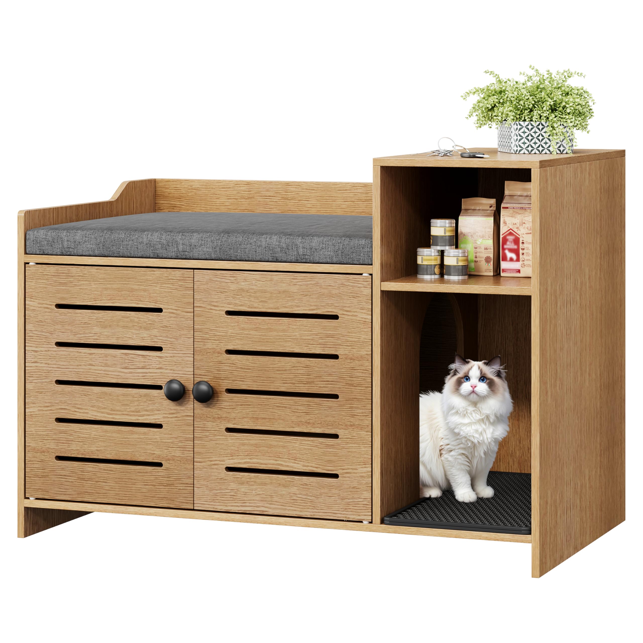 Cat Litter Box Enclosure, Hidden Litter Box Cabinet Furniture with Scratch Pad, Farmhouse Indoor Cats House with Storage Layer for Hallway, Bedroom