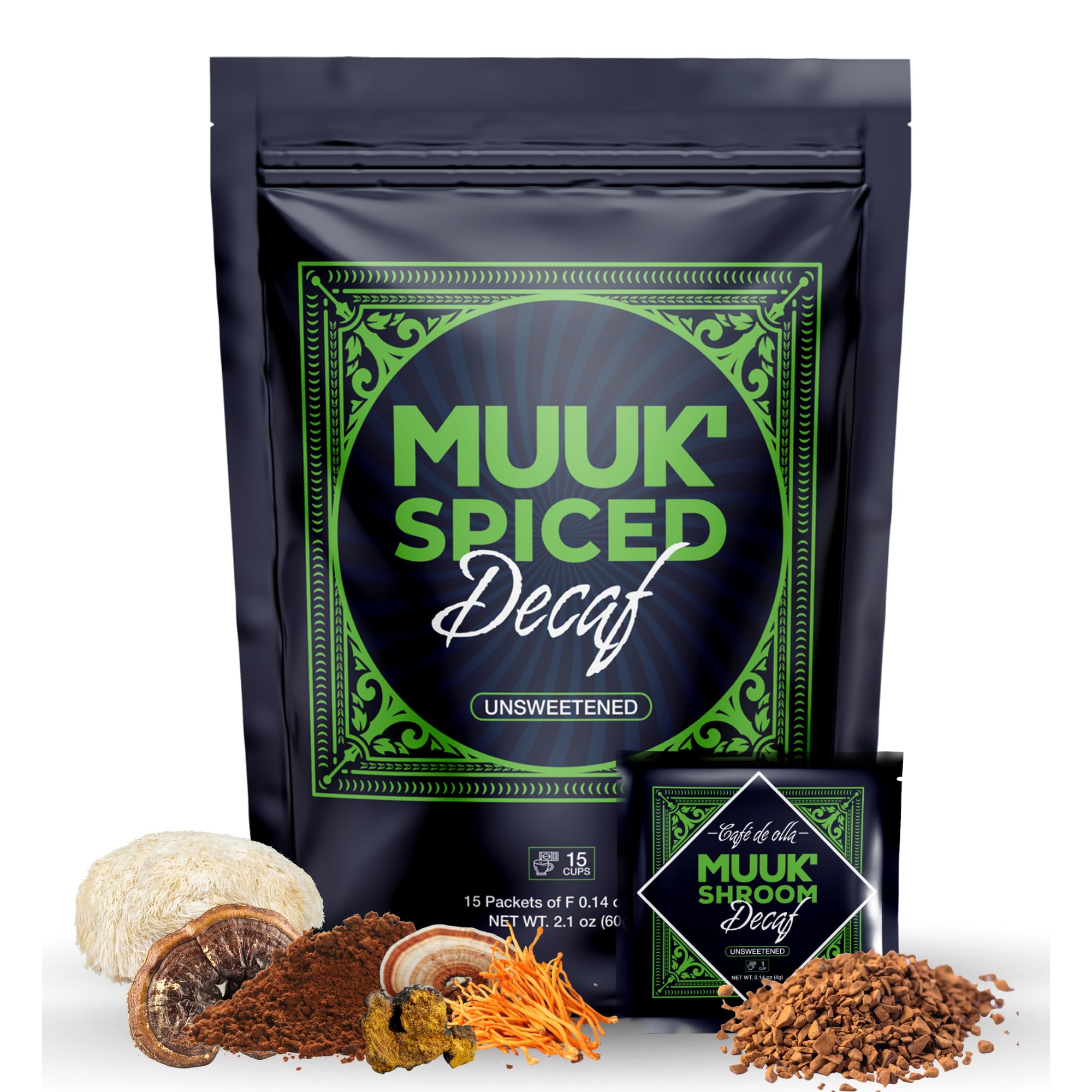 Decaf Instant Coffee by MUUK' | Spiced with Cacao, Cinnamon & Cardamom | Adaptogen Superfoods for Better Focus, More Energy and Stronger Immune Defense | 15 servings