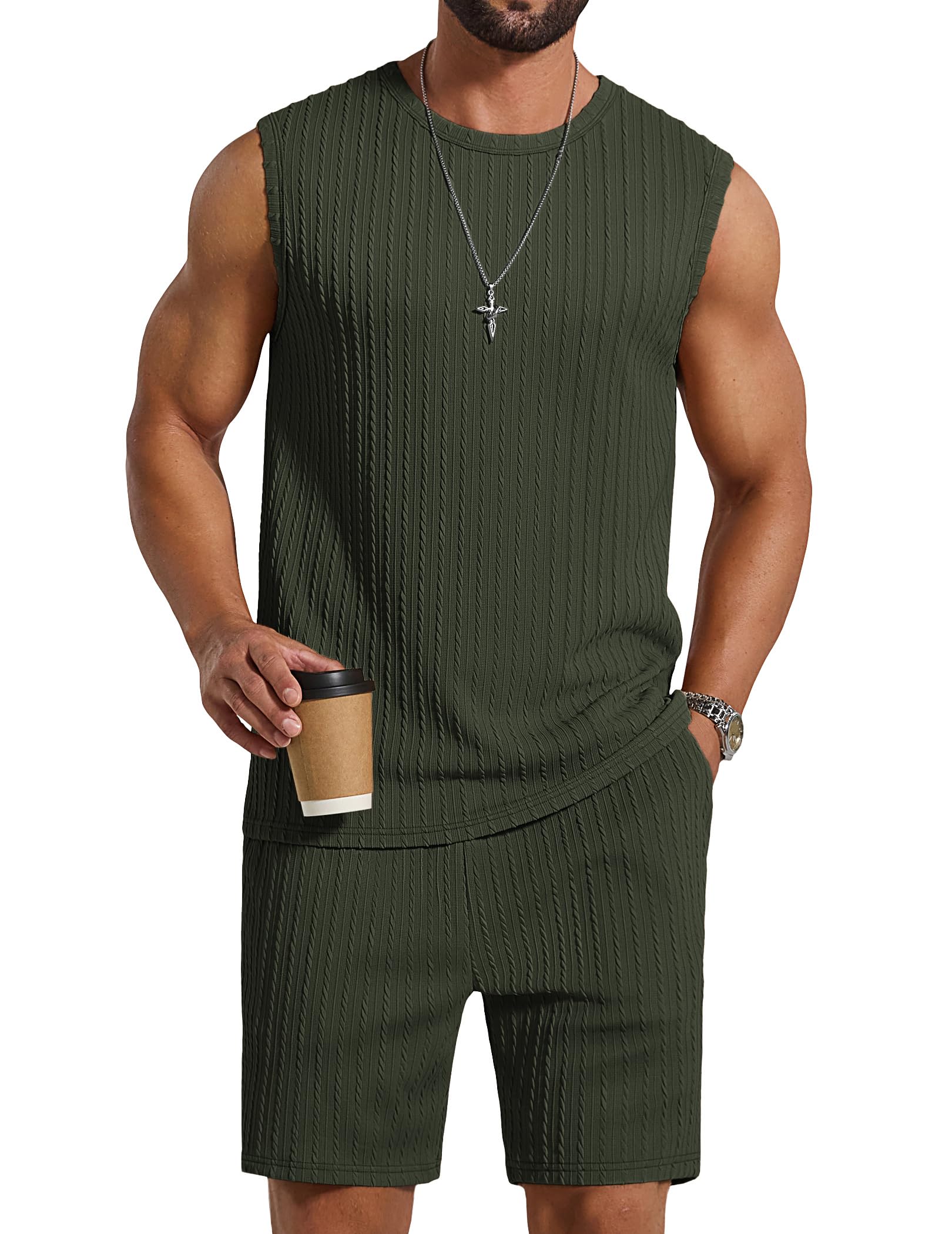 coofandy Men's 2 Piece Outfits Beach Knit Jacquard Sleeveless Shirt and Shorts Sets Summer Athletic Vacation Set-picture-19