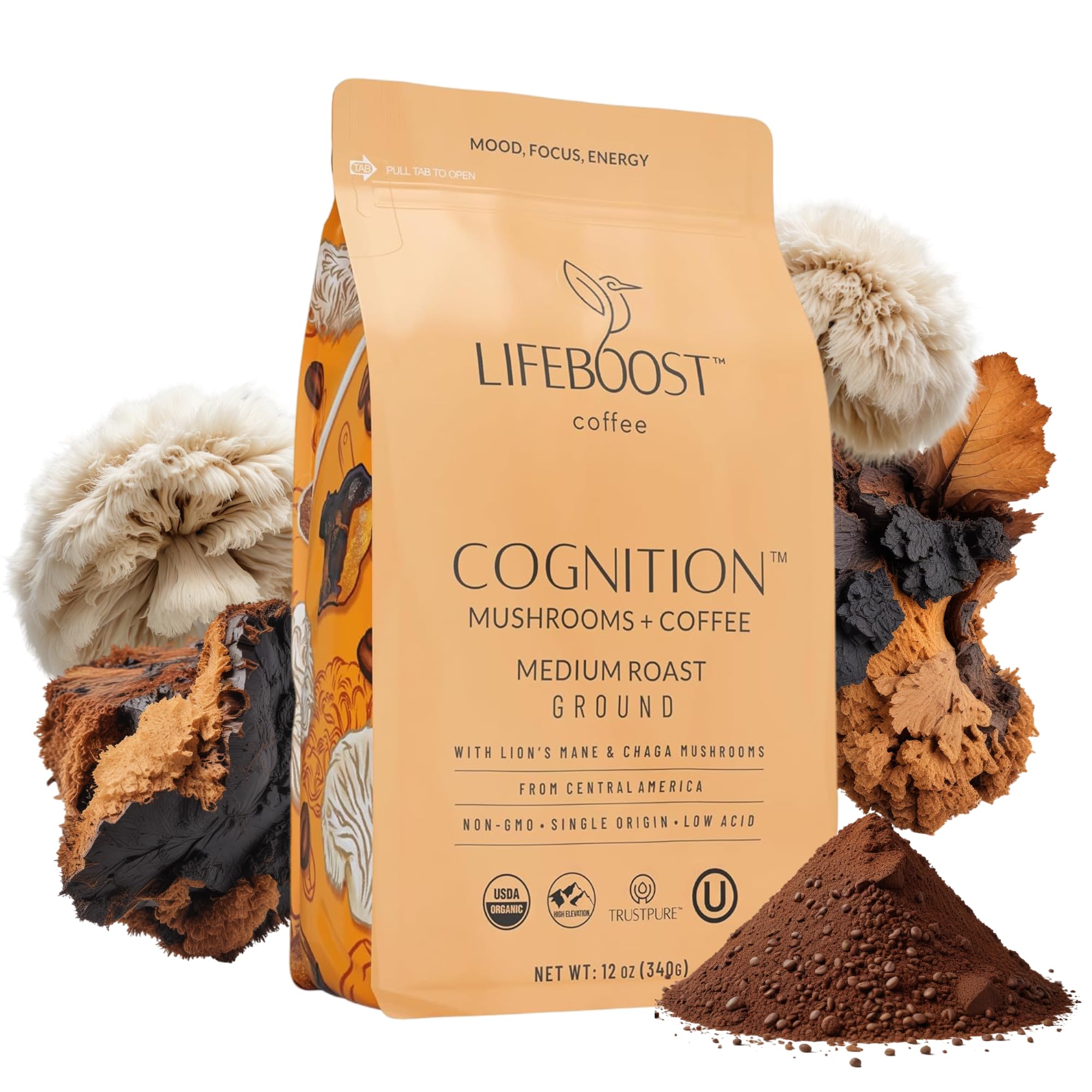 LIFEBOOST Cognition – Adaptogenic Coffee with Mushrooms – Nootropic Coffee with Lion's Mane and Chaga – Medium Organic Coffee with Excellent Tasting – Increases Energy, Increases Concentration and