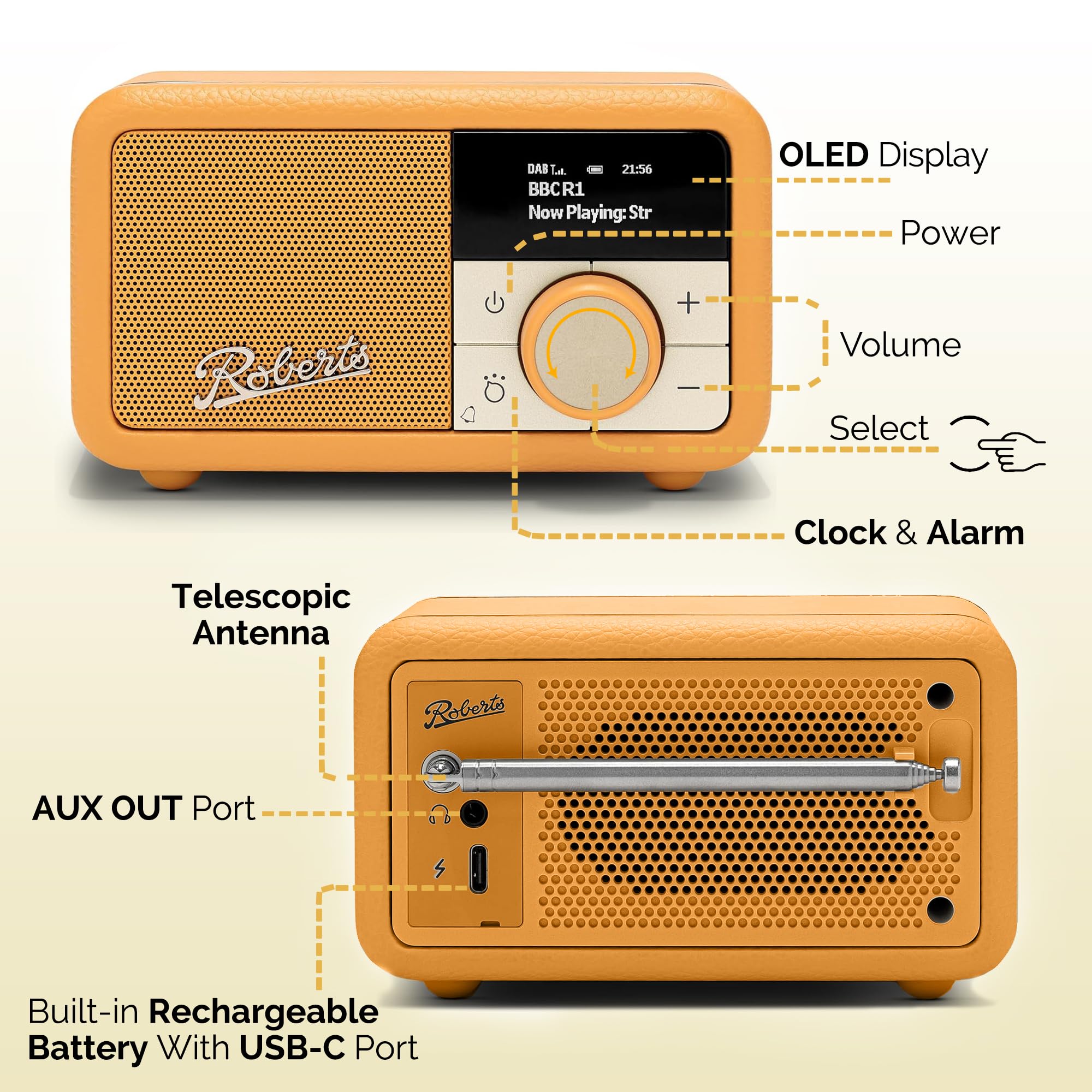 Roberts Revival PETITE2 - Radio Digital FM/Dab/Dab+ con Bluetooth, Color Amarillo Sunburst