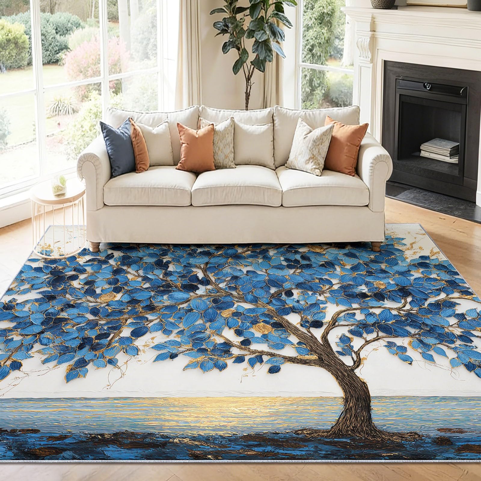 50 x 80 cm Area Rugs for Living Room, Elegant Classic Coastline Plants Trees Washable Area Rug for Bedroom Dining Room Nursery Under Coffee Table, Non-Slip Low Pile Soft Carpet, Multicolored