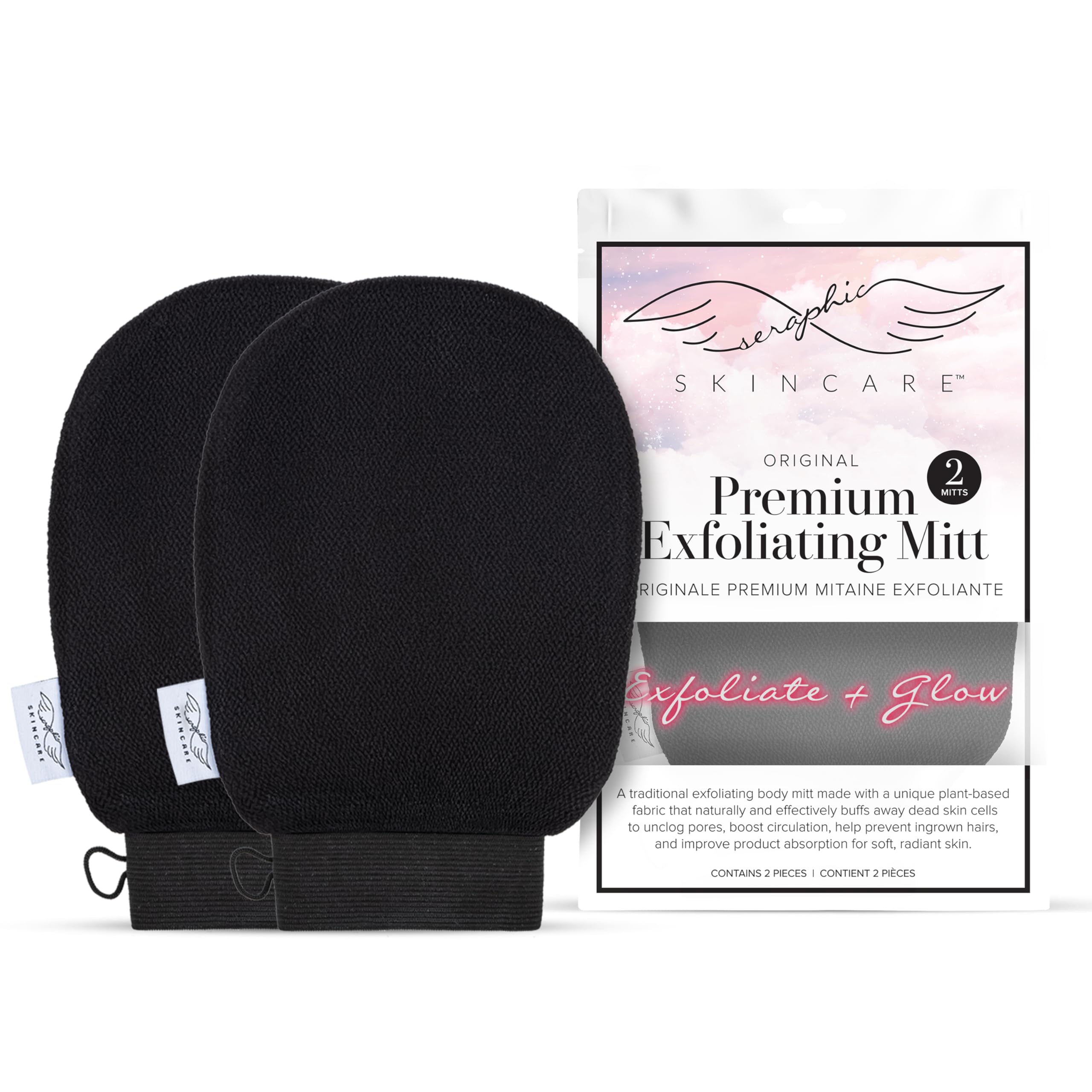 Seraphic Skincare (Original) Premium Exfoliating Mitt for Body (2pc) – 100% Vegan Viscose Traditional Body Scrub Glove Kessa Korean Washcloth – Body Exfoliator for Self-Tan Removal & Keratosis Pilaris