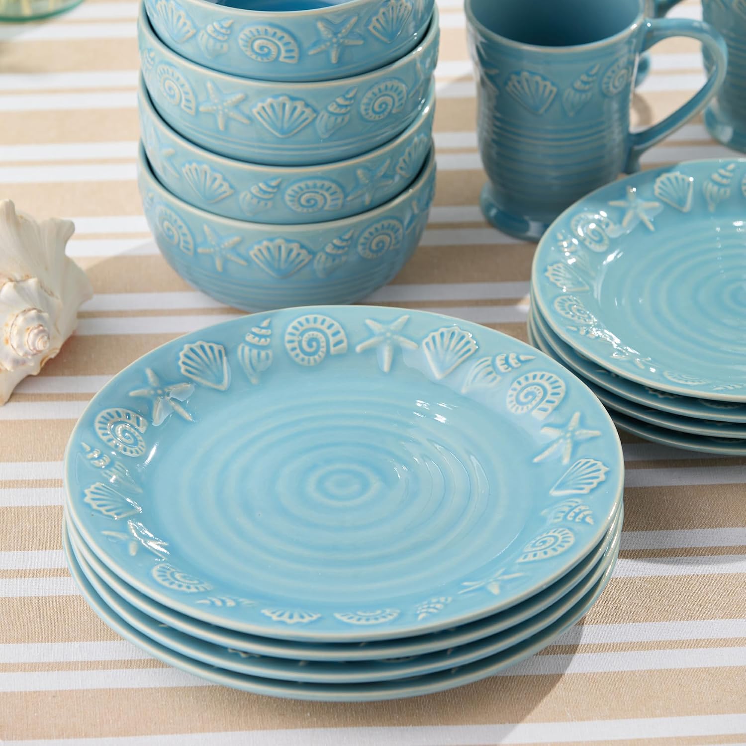 Coastline Blue Stoneware DINNER PLATES SET of 4, 10.5-inch embossed coastal shell and starfish plates with glossy sea-blue glaze for relaxed coastal living, beach house dining and everyday meals