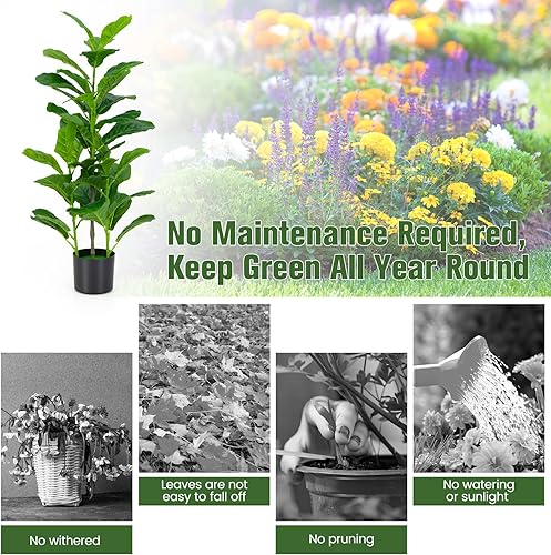 Miniatura 6 de HAPPYGRILL Paquete de 2 higueras artificiales de hoja de violín, planta sintética de 40 pulgadas de alto con maceta de cemento, 40 hojas grandes,