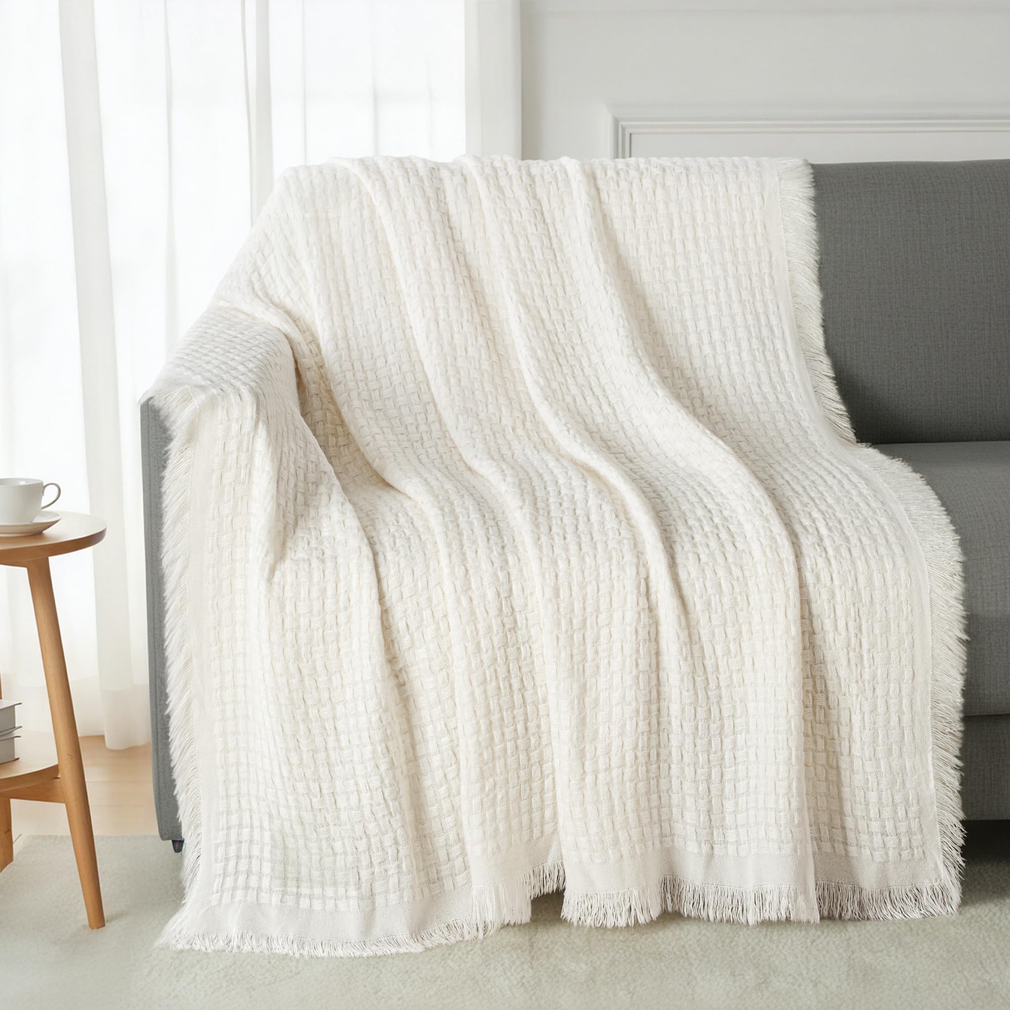 Exclusivo Mezcla Kuscheldecke Strickdecke mit Fransen, Weiche und Leichte Tagesdecke Bettüberwurf mit strukturierter Optik für Sommer, 130x150 cm, Elfenbein