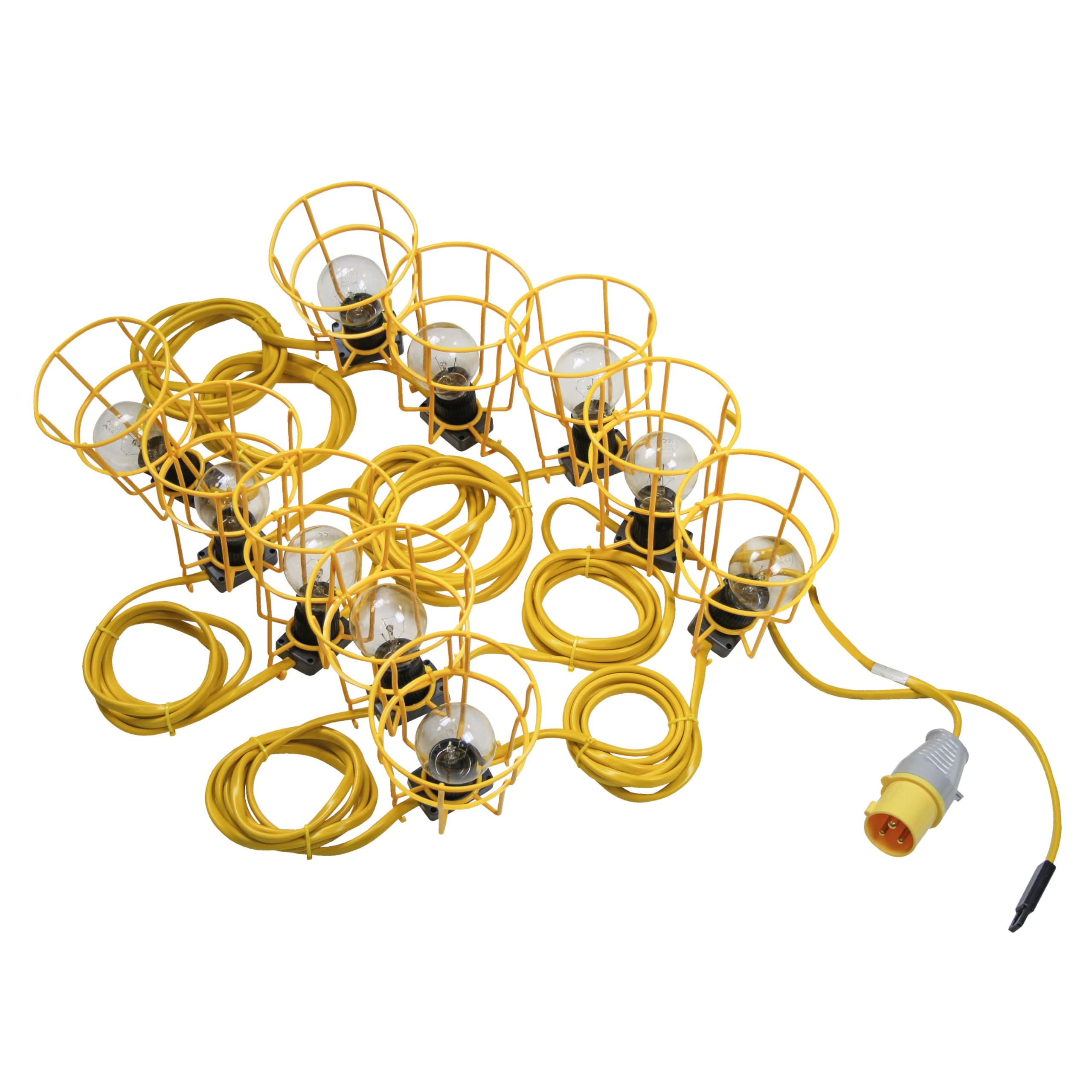 Lighthouse Yellow E27 Festoon Lights – 22M/72Ft String Lights, Ip44 Weather Resistant, 10 X 60W Rough Service Bulbs With Bulb Guards, For Construction, Worksite, Garden, Events – 16 Amp 110V Plug