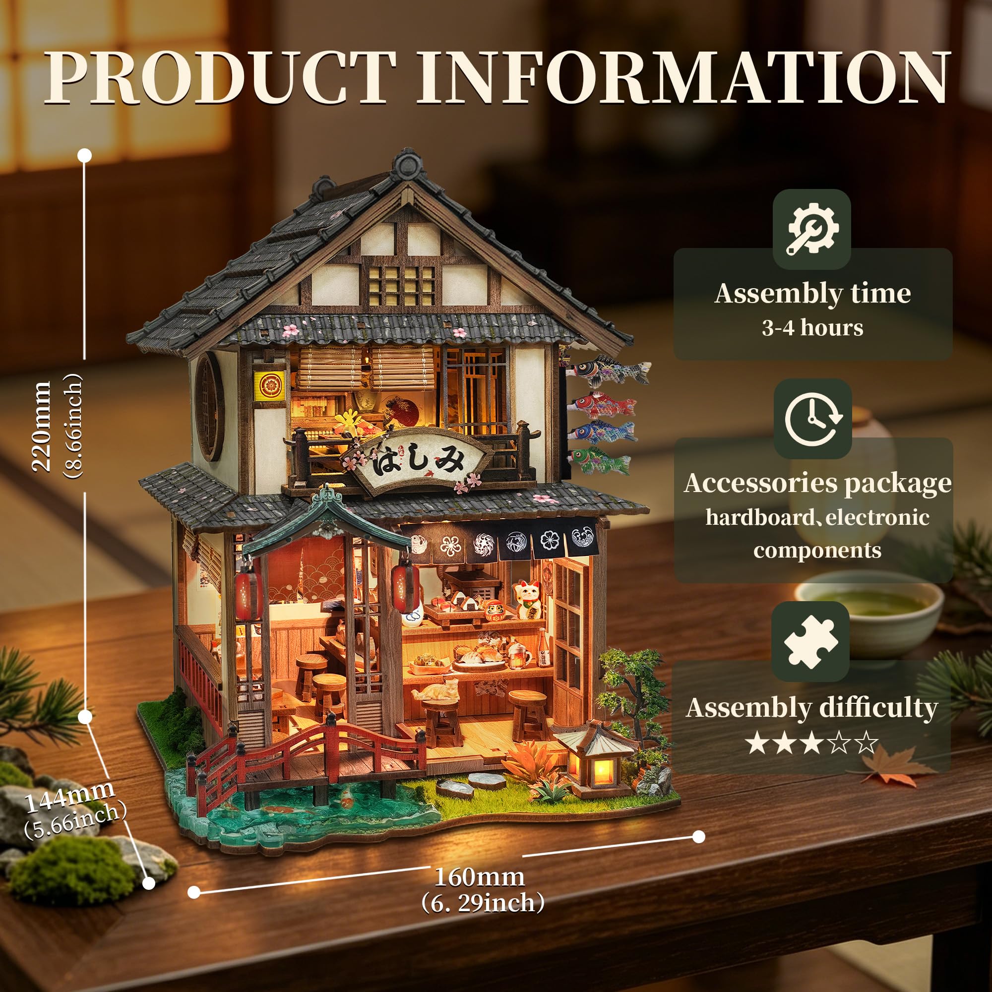 Japoński Book Nook kit DIY miniaturowy domek dla lalek zestaw do montażu z diodami LED | Drewniane puzzle 3D Tiny House Book Nook Dekoracja do domu i biura, kreatywne rzemiosło, prezent, dla dorosłych