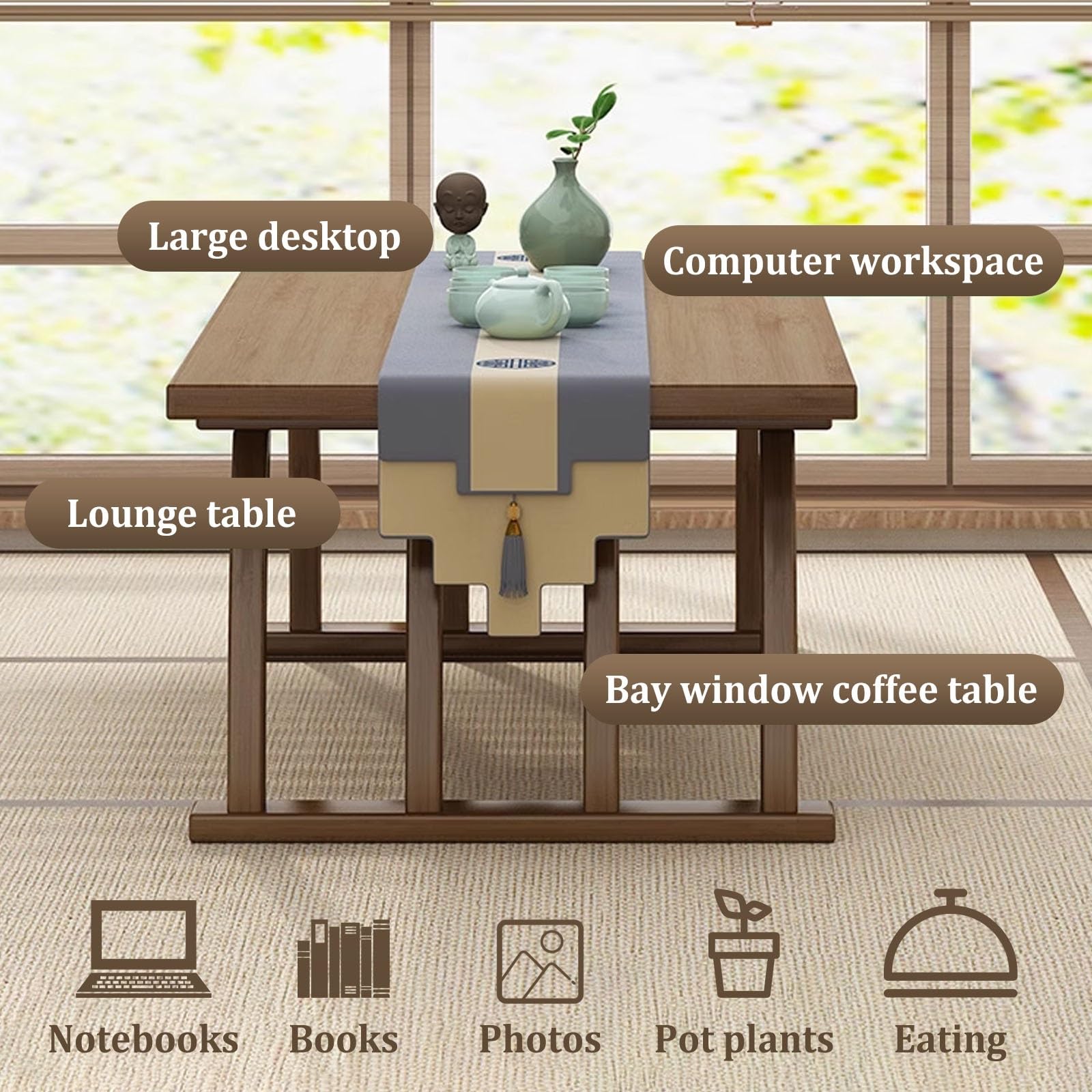 Japanischer Bodentisch, Couchtisch Niedriger Esstisch zum Sitzen Auf Dem Boden, für Arbeitszimmer, Unterhaltung