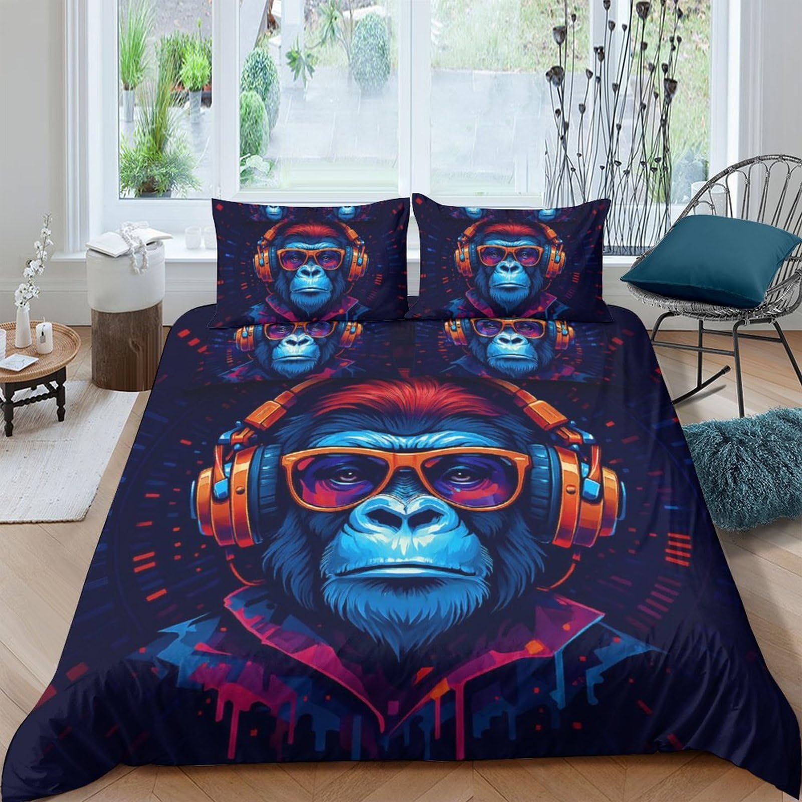 Ctjqhvkz Style-9 3D Printed Cool Gorilla Headphones Fitted Sheet Microfiber Soft Bed Sheet For Bedroom Dorm Mattress Cover Decor Single（135X200cm）