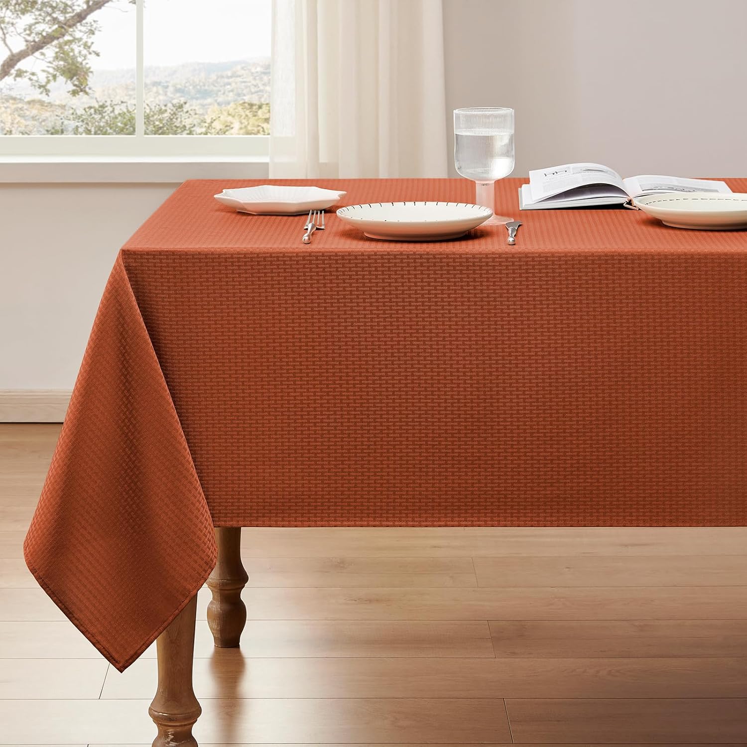 Veblandy Rectangle Tablecloth Weaved Textured Water Resistant Spill Proof Table Cloth, Decorative Fabric Wrinkle Free Table Cover for Events and Dinner, 60×120 Inch, Rust