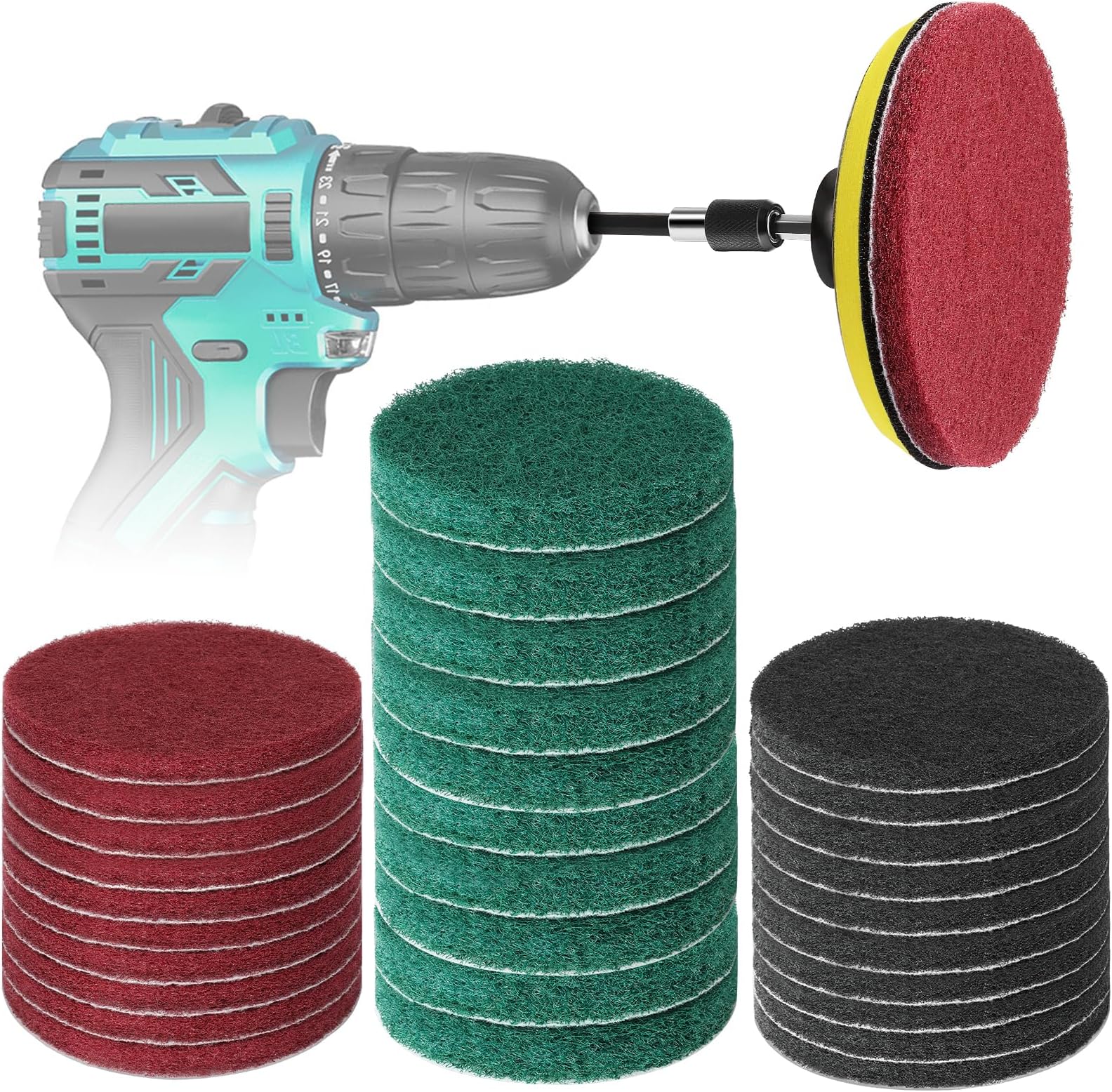 GOH DODD Power Scrub Pads Drill Attachment, 26 Pieces 4 Inch Cleaning Kit Scouring Pads with Baker and Universal Shaft Great for Kitchen, Bathroom, Auto, Grout, Carpet, Shower, Tub, Grill,Tile