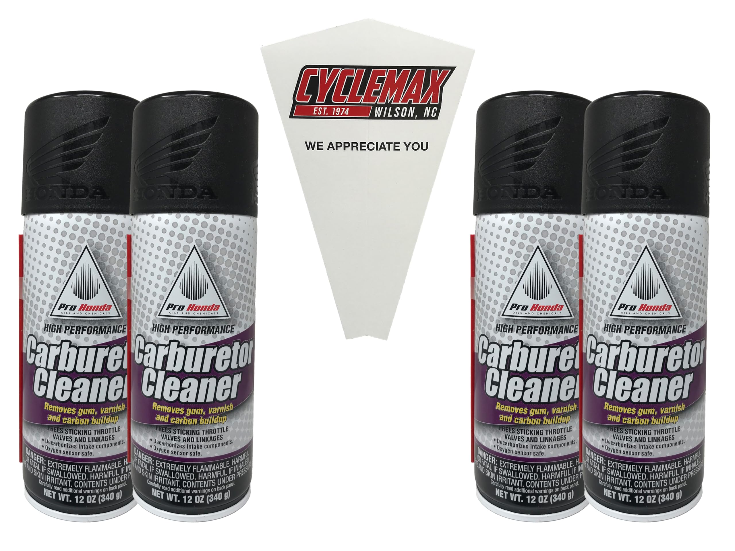 Cyclemax Four Pack compatible with Honda High Performance Carburetor Cleaner 08732-CC000 Contains Four 12oz Cans and a Funnel