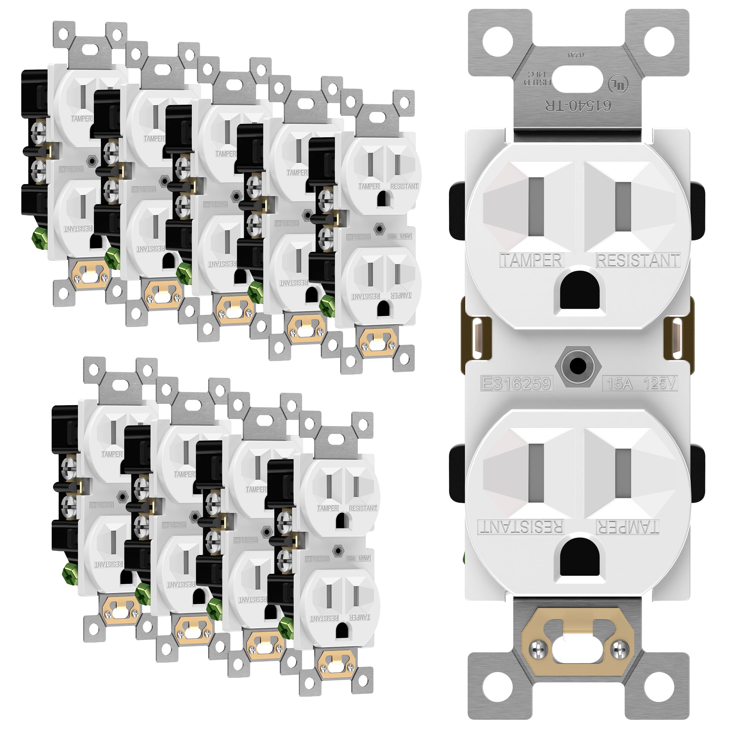 ENERLITES Duplex Receptacle Outlet, Tamper-Resistant, Commercial Grade, 3-Wire, Self-Grounding, 2-Pole, 15A 125V, UL Listed, 61540-TR-W-10PCS, White (10 Pack)