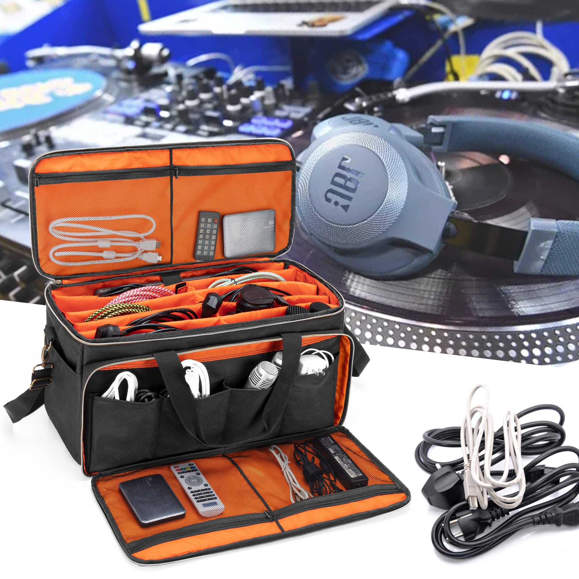 Trunab Große DJ Tasche mit Abnehmbaren Trennwänden und 15,6'' Laptopfach | Kabel Organizer Tasche für DJ-Zubehör und Musikinstrument