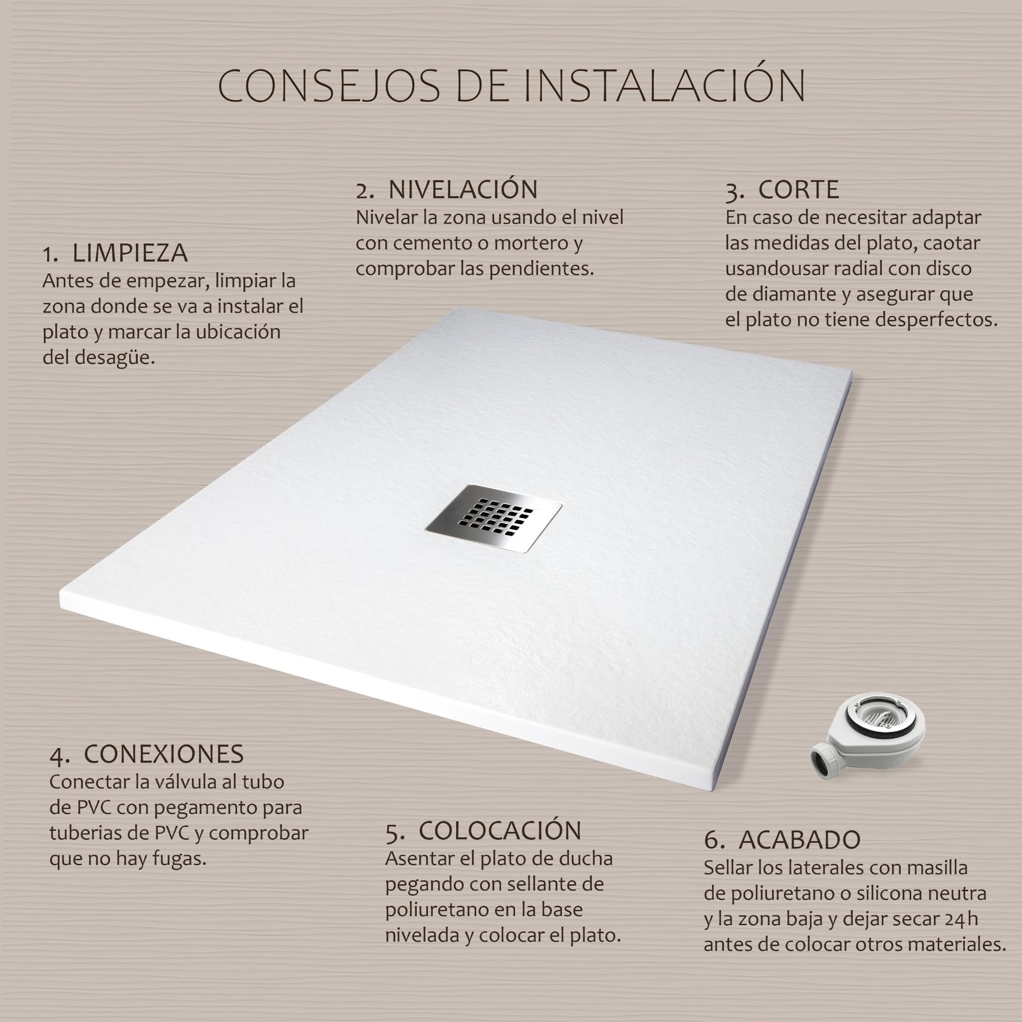 Plato de Ducha Antideslizante 70x160cm - Plato Ducha Resina Resistente a Agentes Químicos - Plato Ducha Antibacteriano - Incluye Rejilla Desagüe Ducha y Válvula Sifón - Color Beige