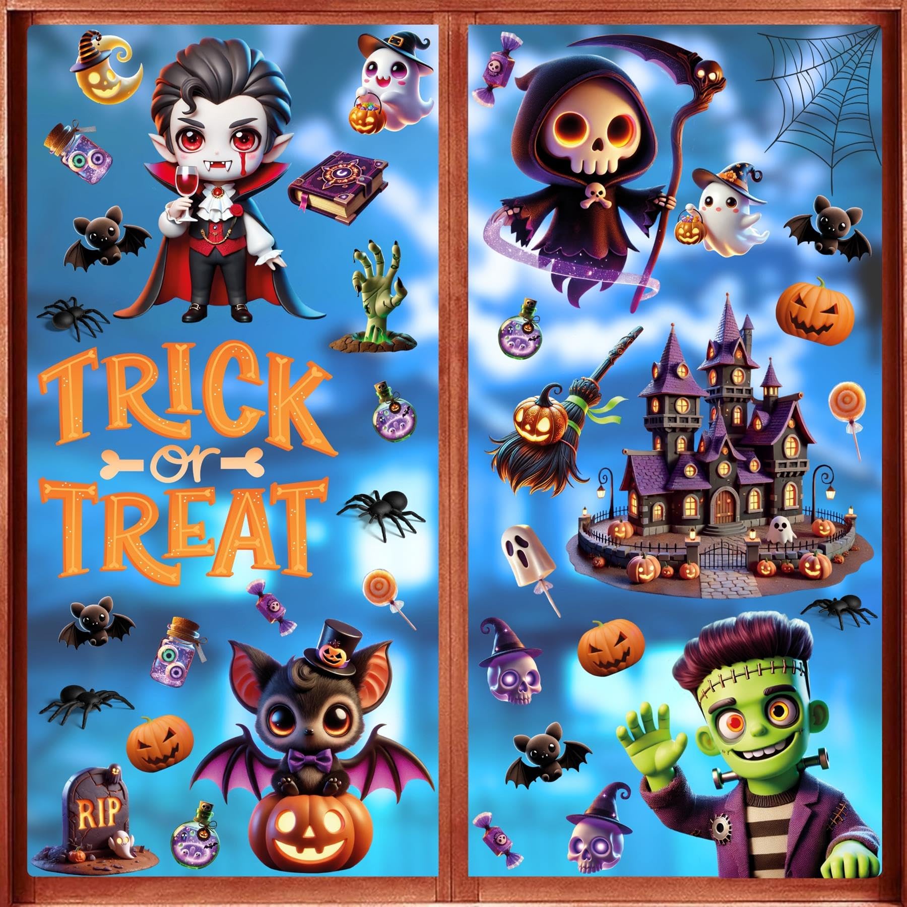 Walplus Spooky Season Just Got Adorable Halloween Window Stickers – Removable & Reusable Double-Sided Clings For Glass – Spooky Season Decor For Living Room Windows – 111 Pieces