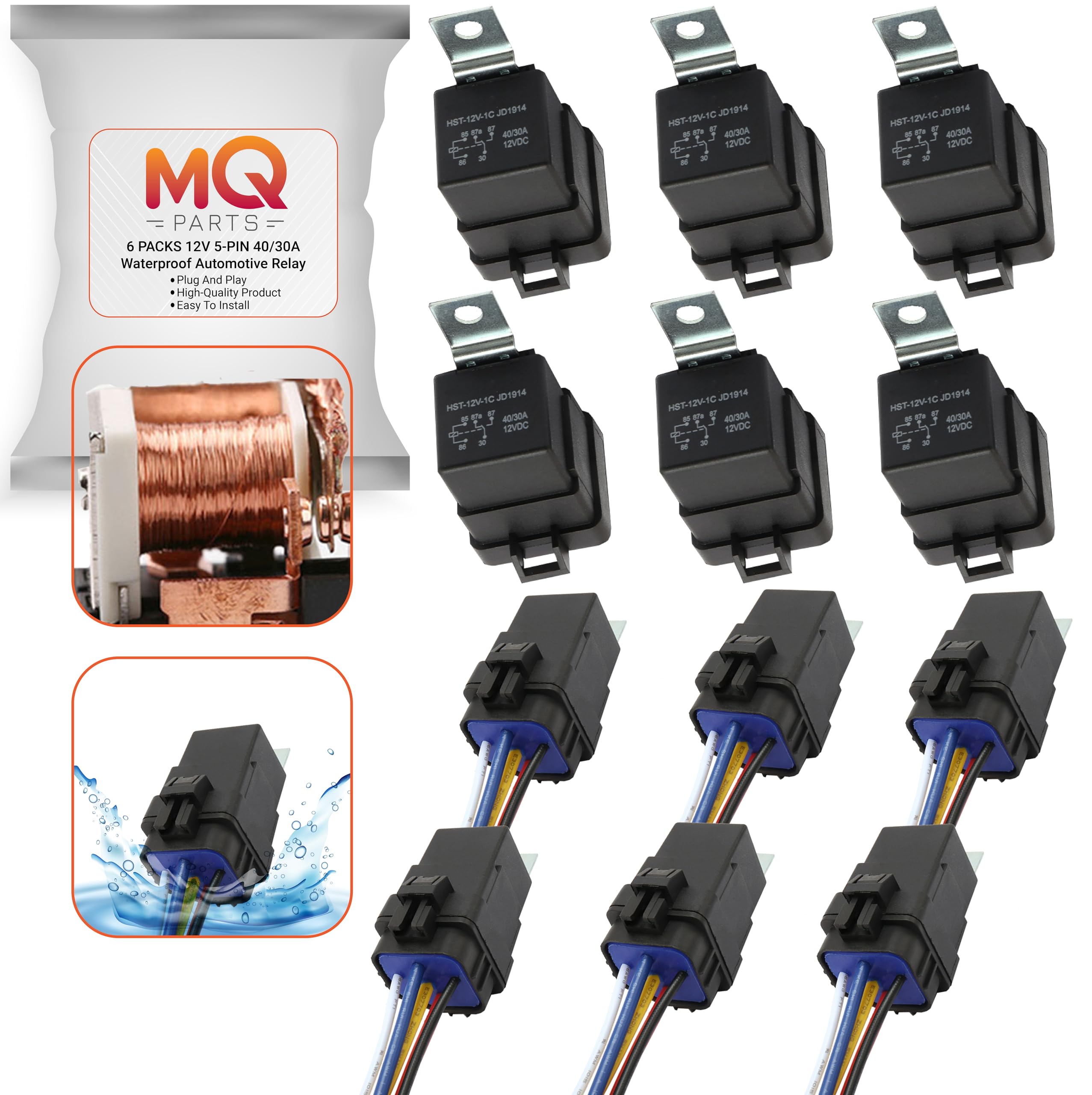 MQparts 6 Pack 12V 40/30A Waterproof Automotive Relay & Harness Set – 5-Pin SPDT Heavy Duty Relays with 12 AWG Tinned Copper Wires – Compatible with