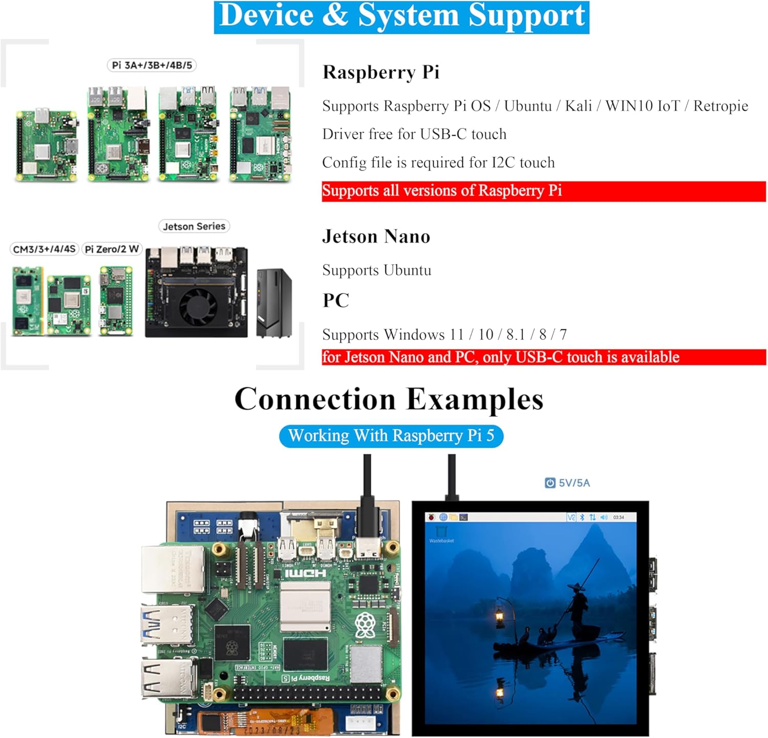 4inch HDMI LCD Square Capacitive Touch Screen Compatible with Raspberry Pi 5/4B/3B+/3B/2B/Zero/Zero W//Zero 2W/Jetson Nano/Windows 11/10/8.1/8/7, 720x720 Resolution, IPS Display, USB-C Port