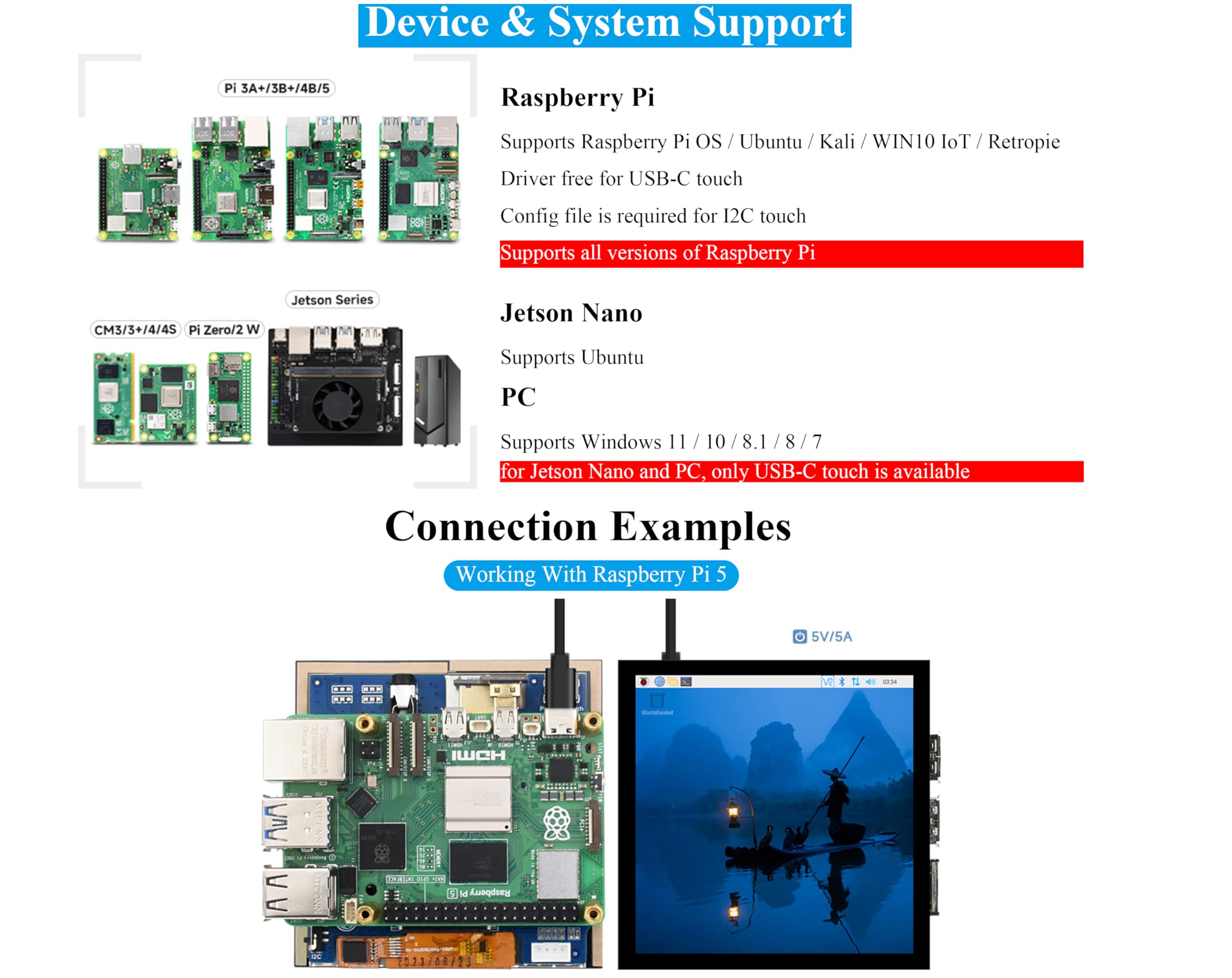Pantalla táctil capacitiva cuadrada HDMI LCD de 4 pulgadas compatible con Raspberry Pi 5/4B/3B+/3B/2B/Zero/Zero W/Zero 2W/Jetson Nano/Windows 11/10/8.1/8/7, resolución 720x720, pantalla IPS, puerto