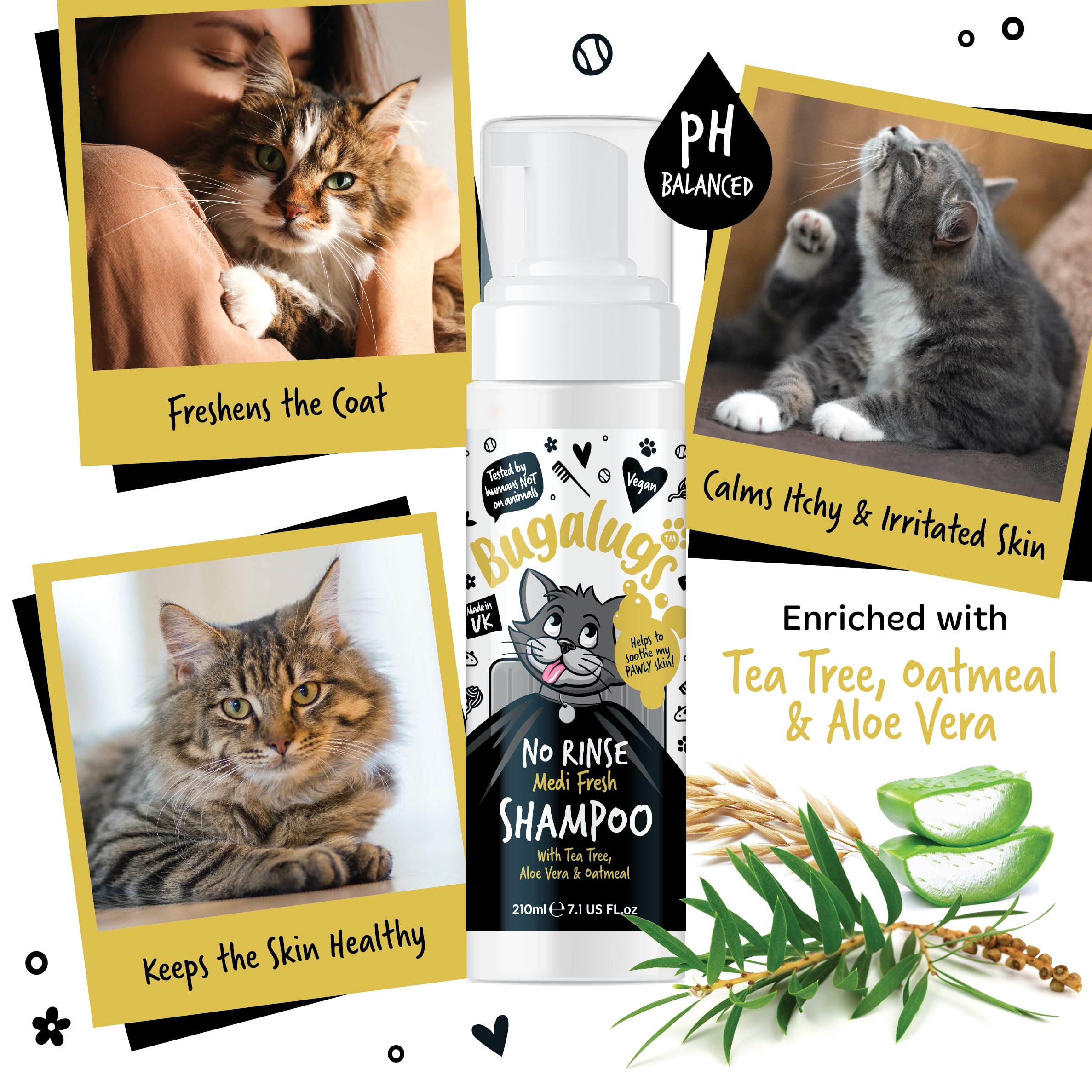 Bugalugs No Rinse Cat Shampoo for itchy skin with Tea Tree & Aloe Vera. Brush through - Image 3