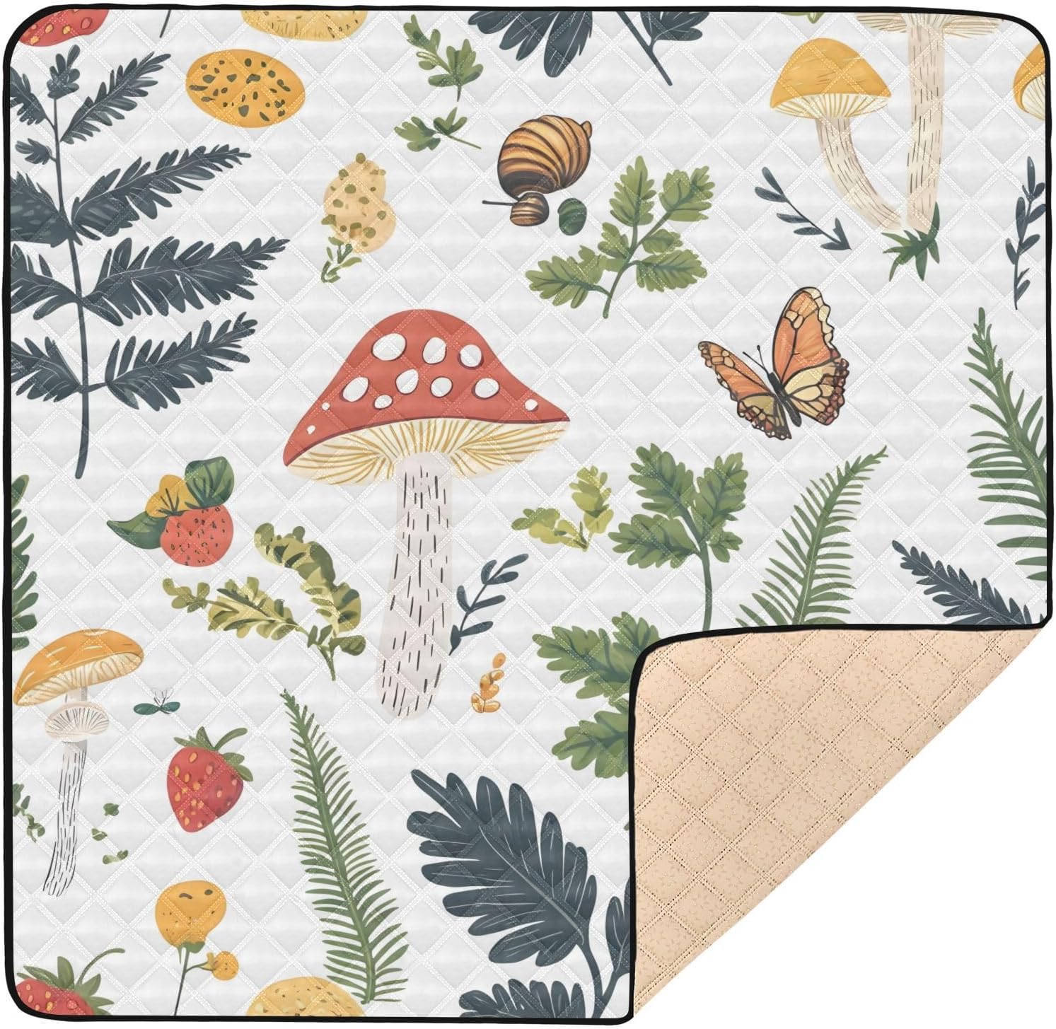 Doodle Mushroom and Plant Pattern Baby Play Mat, 50“ X 50” Washable Folding Crawling Mat, Baby Floor Mat, Soft, Thick, Non-Slip