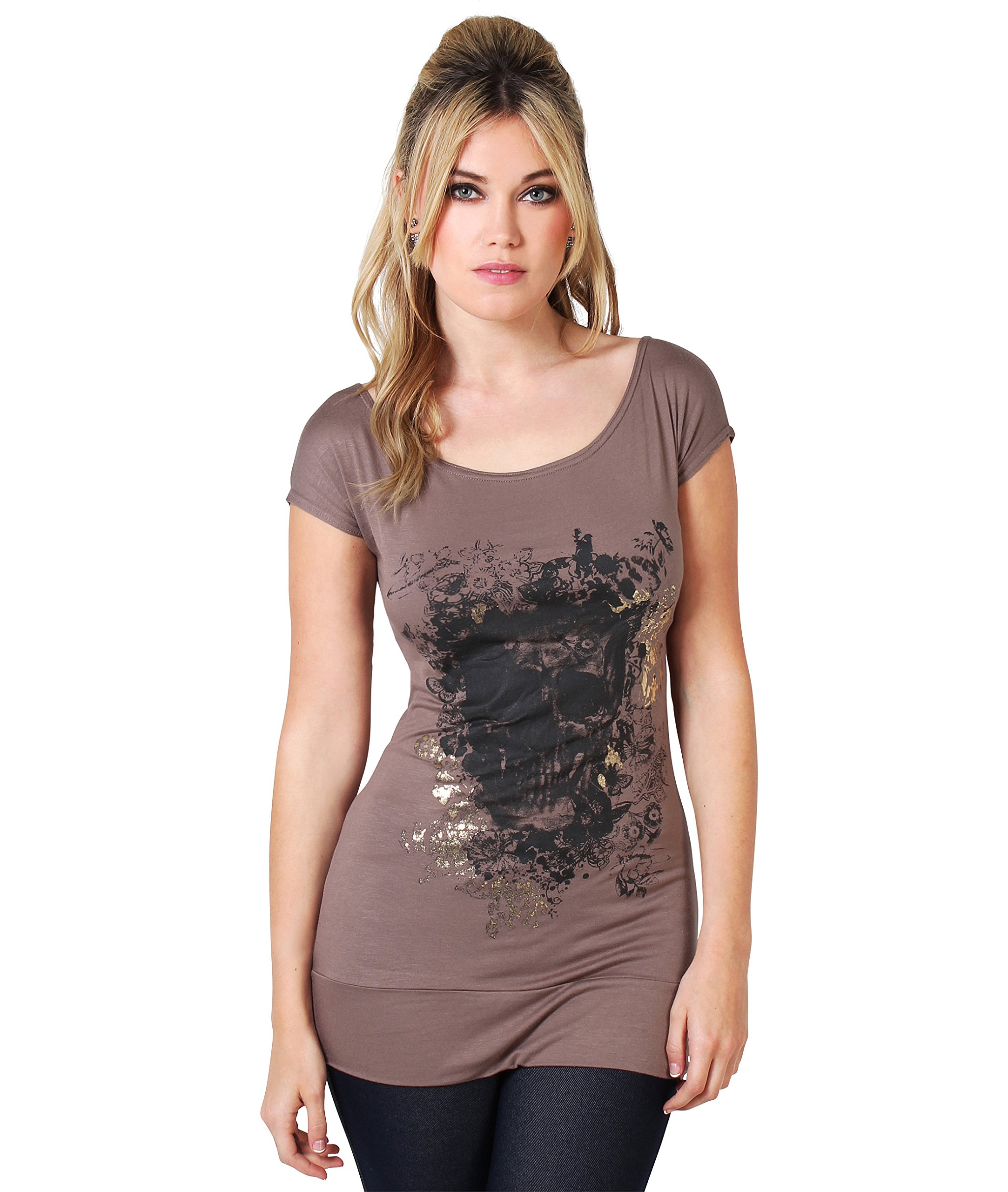 KRISP Women's Skull Print Glitter Summer T-Shirt Hip Length Short Sleeve Top US 4-16