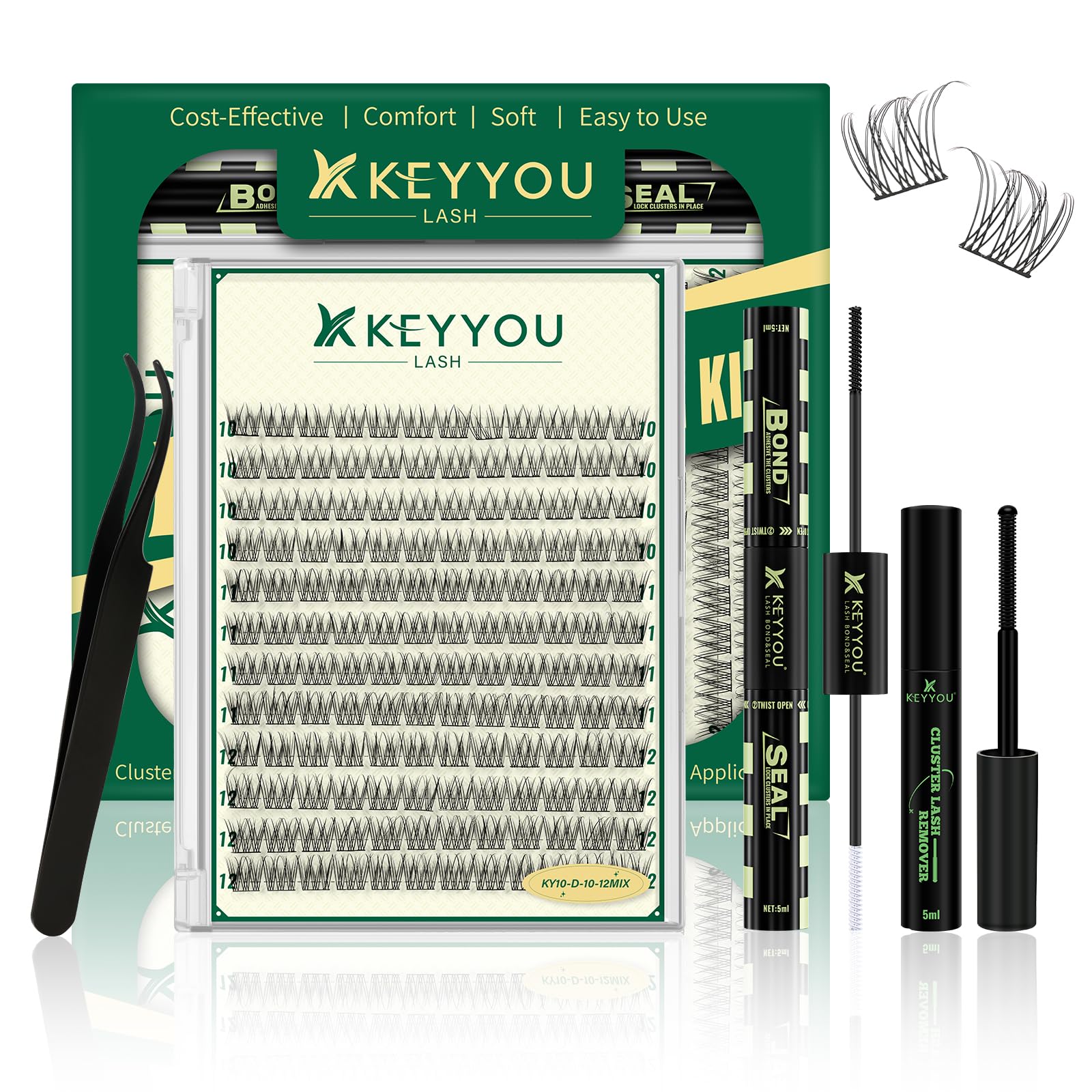 KEYYOU Lash Extension Set 144pcs 10-12MIX Natürliche wispige Cluster-Wimpern Wimpern Extensions Set mit Bond und Siegel,Remover,Applikatoren Lashes Extension Set DIY zu Hause (KY10 Kit)
