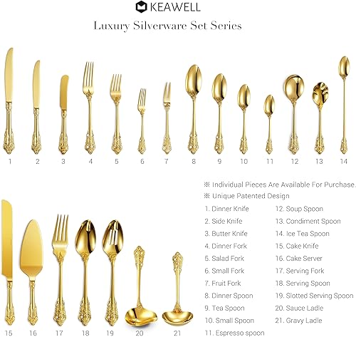 Miniatura 6 de KEAWELL Precioso juego de utensilios para servir anfitriona de acero inoxidable 18/10 de 5 piezas, color dorado