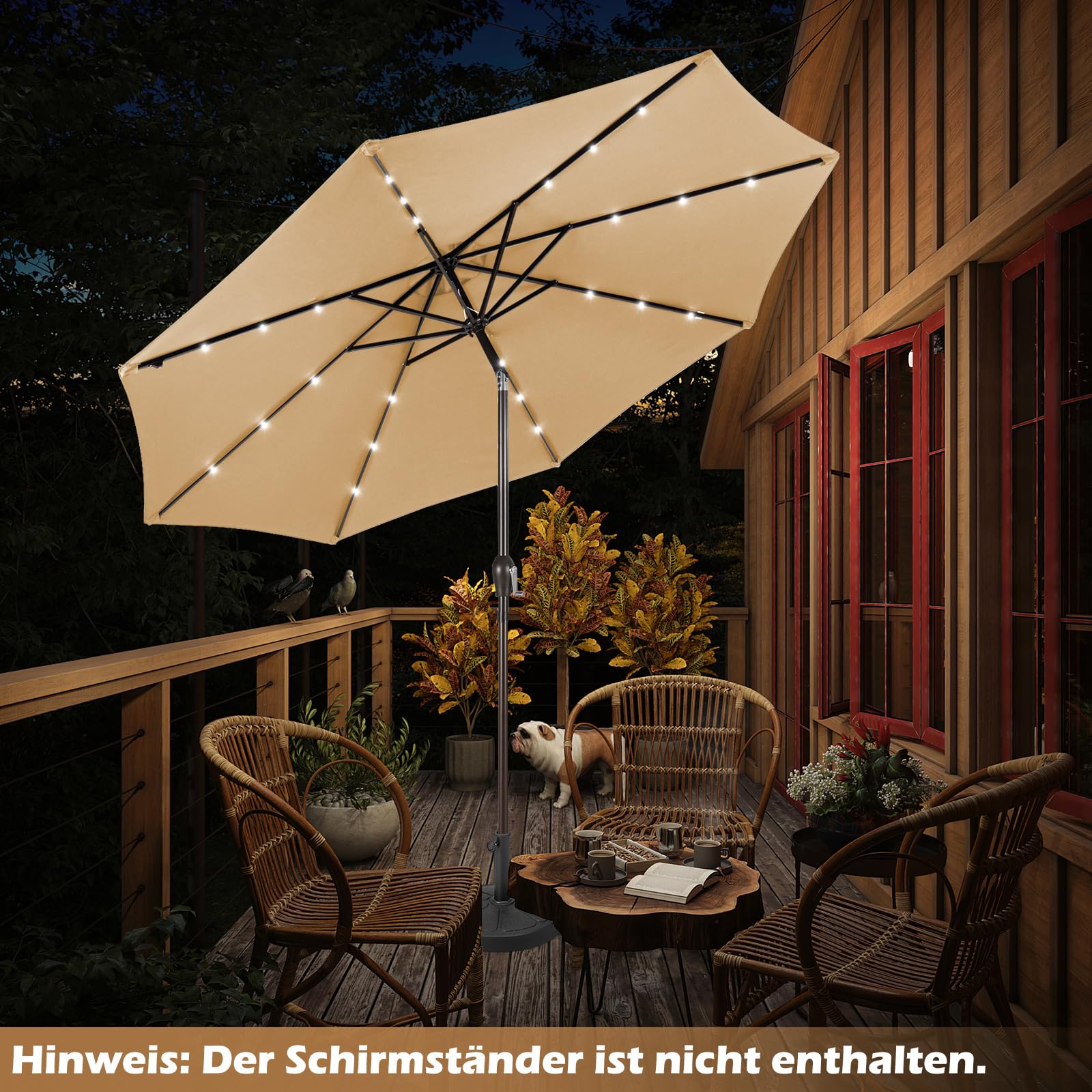 COSTWAY Sonnenschirm 300 cm mit LED-Solar-Beleuchtung, Gartenschirm mit Kurbel, beidseitig um 30° knickbar, Terrassenschirm mit 8 Rippen, Marktschirm für Garten, Balkon, Terrasse, Beige