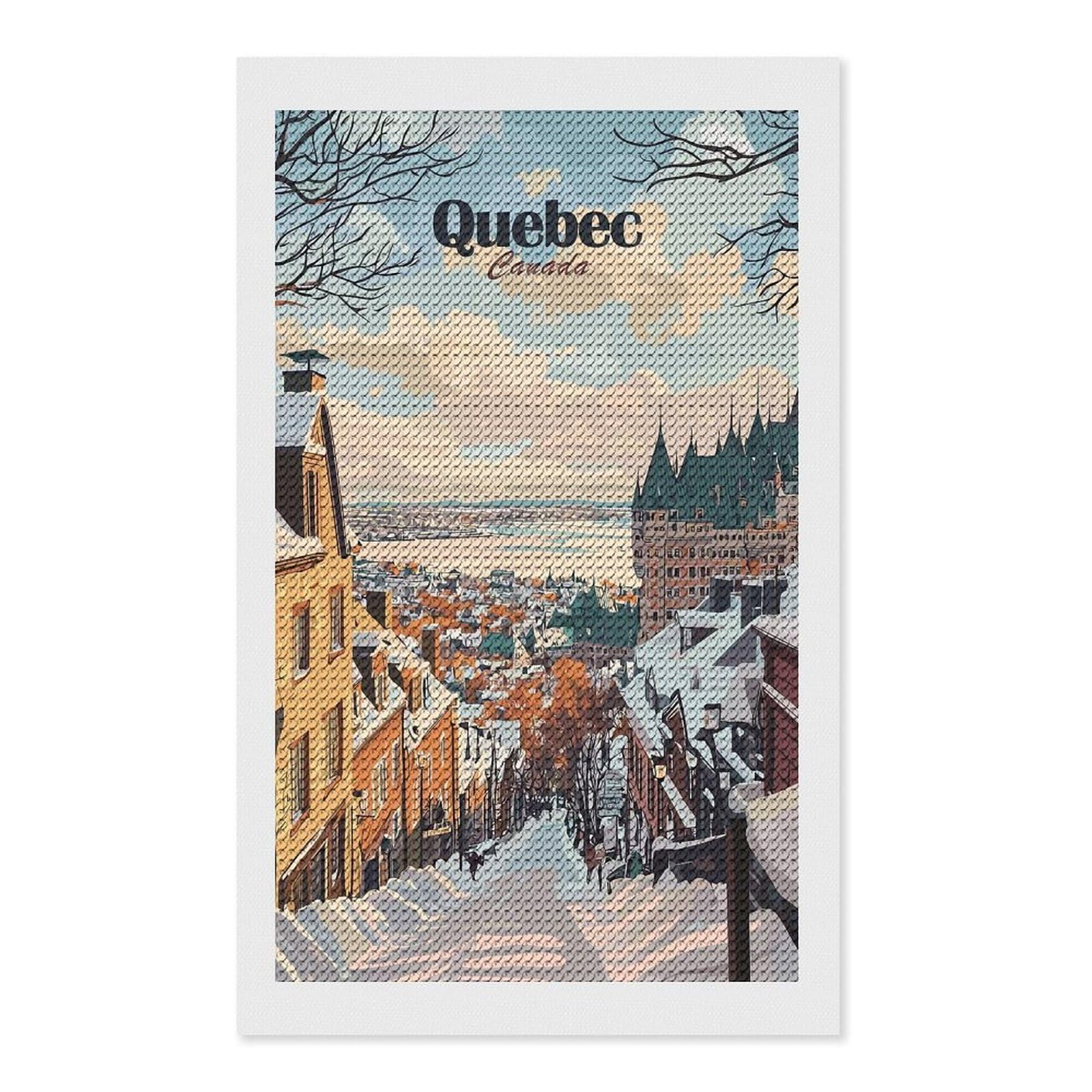 Junmoney Quebec City Winter View Diamond Painting Set 12"x20", Stress Relief Craft, Easy to Enjoy, Vintage Style Decor, Festive Craft Gift
