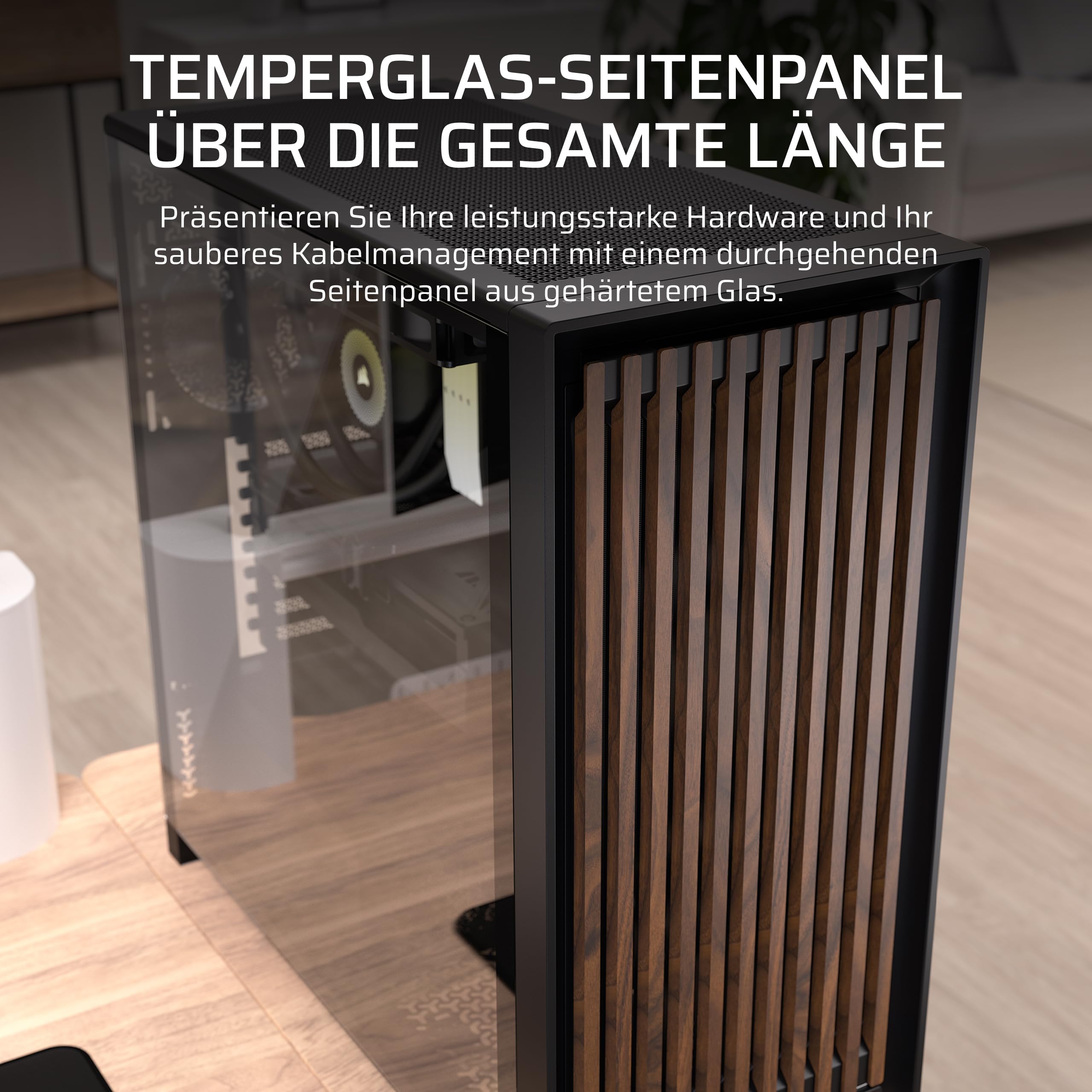 CORSAIR Frame 5000D Wood RS Mid-Tower-ATX-PC-Gehäuse – Schwarz & Walnuss | Frontpanel aus Massivholz, 3 Vorinstallierte Lüfter, Modulare Anpassung, Geräumiger Innenraum, GPU Anti-Sag