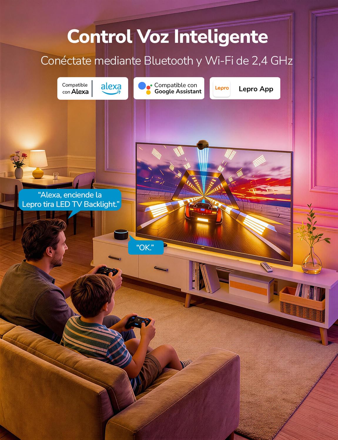 Lepro STV1 AI Tira LED TV Backlight con Cámara,3.6m para TVs 55-65 Pulgadas | Sincronización Pantalla y Música, Funcion con Alexa/Google Home, Retroiluminación RGB+IC para Juego, Películas, Adaptador