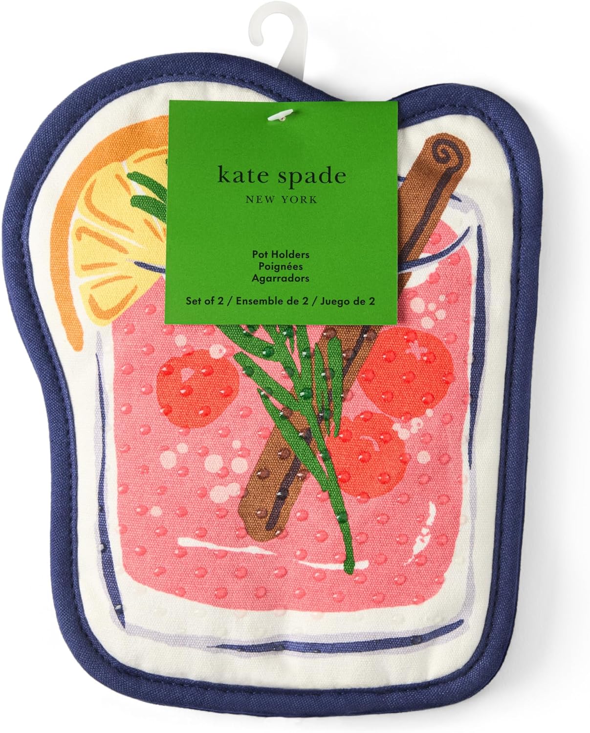 Kate Spade New York Festive Cocktail Heat Resistant, 100% Cotton with Hanging Loop, Slip Resistant Pot Holder 2-Pack Set, Pink/Navy Blue, 8"x6.5" - Image 6