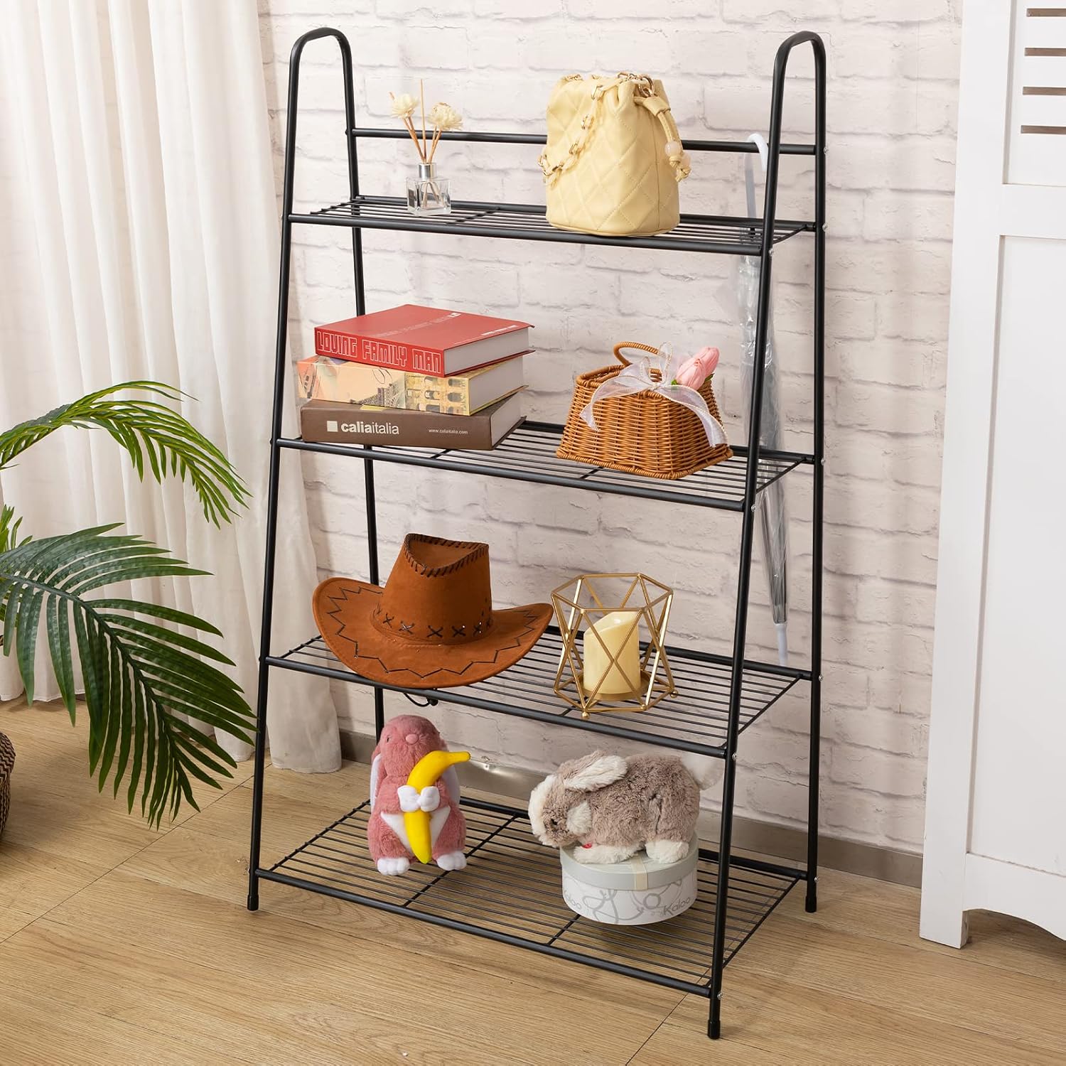 DOEWORKS 4 Tier Metal Plant Stand, Ladder-Shaped Storage Rack Stand Shelf ,Shoe Organizer, Utility Storage for Indoor Outdoor Use, Black