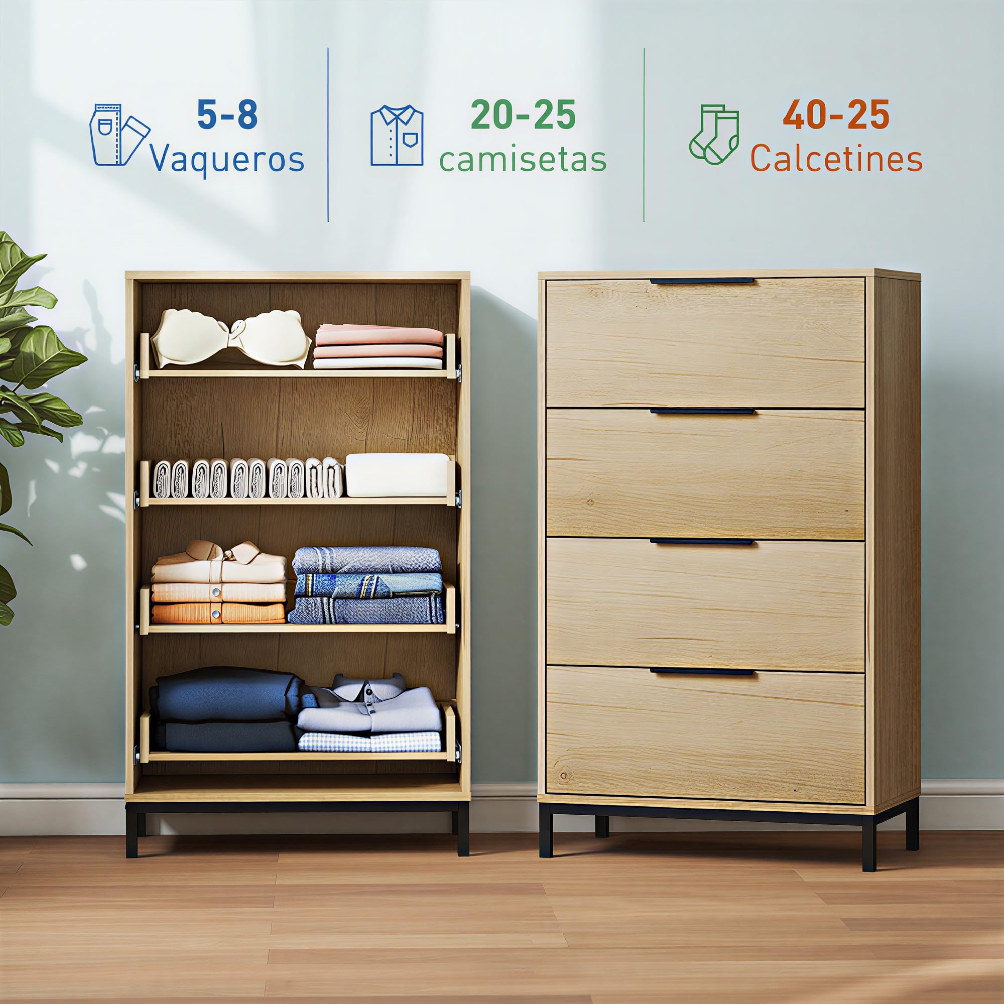 HOMCOM Cómoda de 4 Cajones Alta con Tiradores Metálicos Cómoda para Dormitorio Cajonera Estrecha para Pasillo y Salón 62x35x105 cm Natural