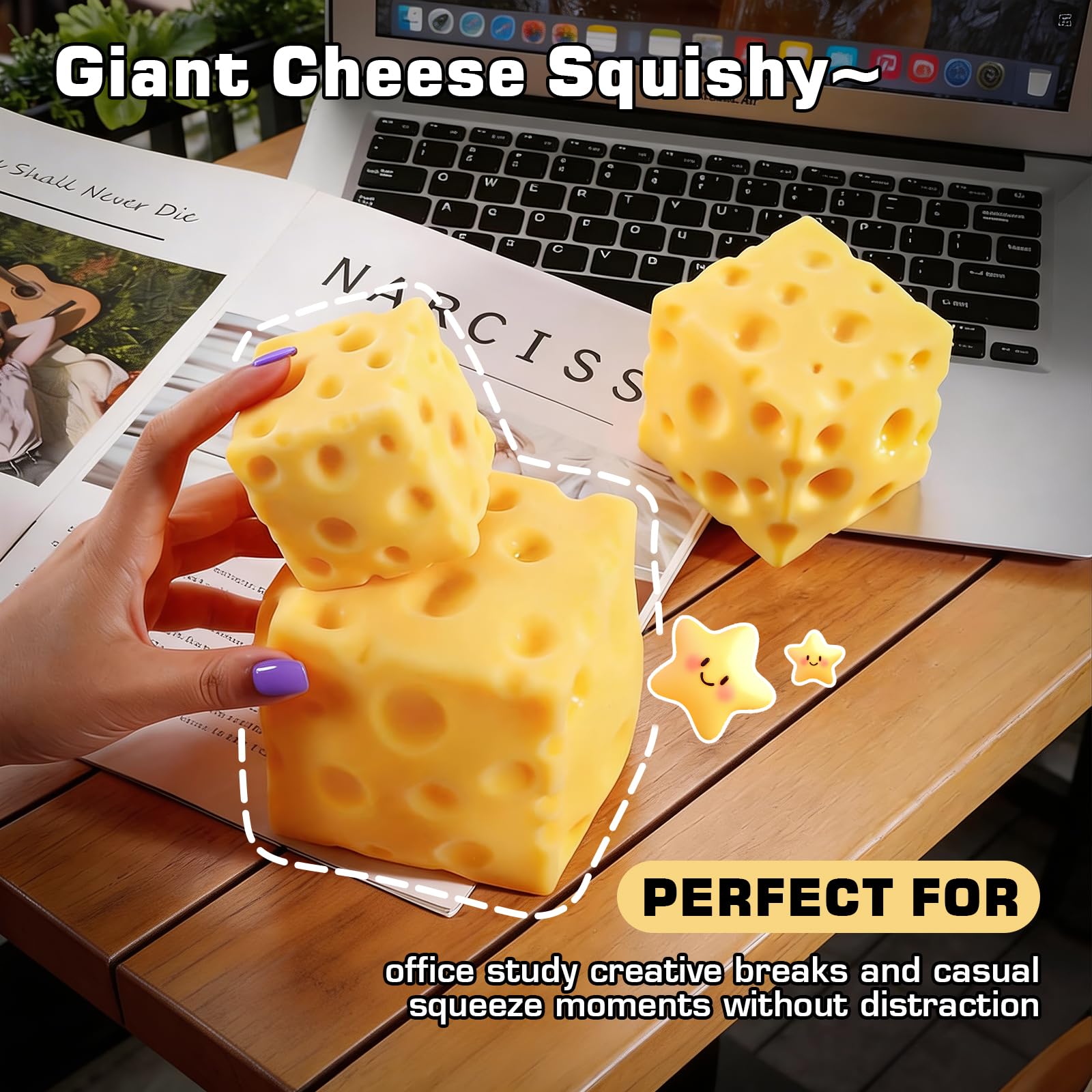 Giant Cheese Squishy – Slow Rising Sensory Fidget Toy, Jumbo Squeeze Cheese Cube for Stress Relief, Soft Hand Squeeze Toys, Portable Calming Gift for Adults Office Desk (Small-2.4") - 4