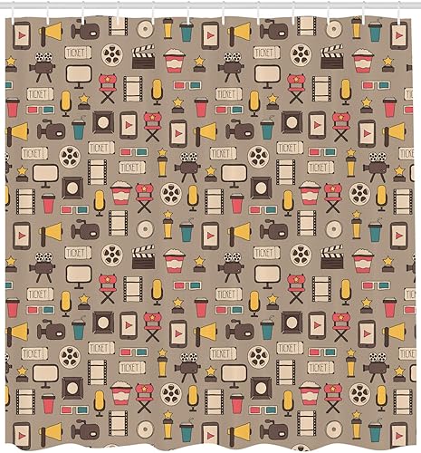 Miniatura 2 de Lunarable Cortina de ducha de cine, entradas de cámaras de estilo retro, palomitas de maíz y tablilla, juego de decoración de baño de tela con